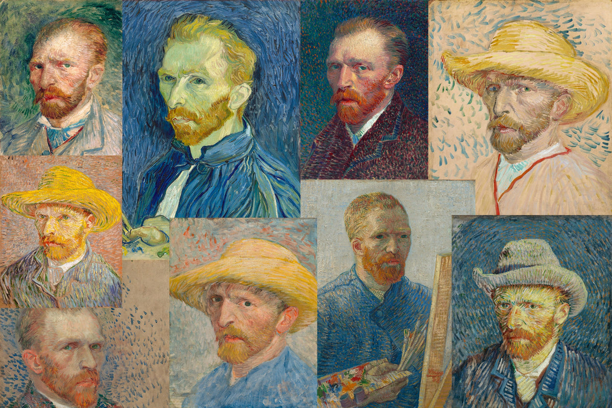 Neun Selbstporträts von Vincent van Gogh, die meisten zwischen 1886 und 1888 in Paris gemalt, einige mit Strohhut