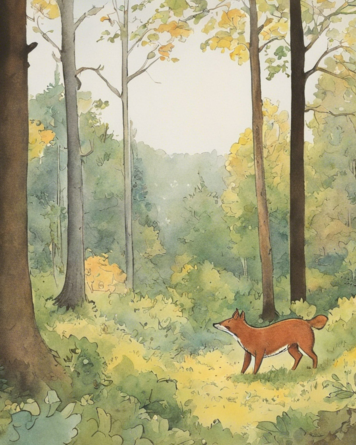 Watercolor storybook illustration of a red fox walking through a sunlit forest with tall trees and yellow foliage