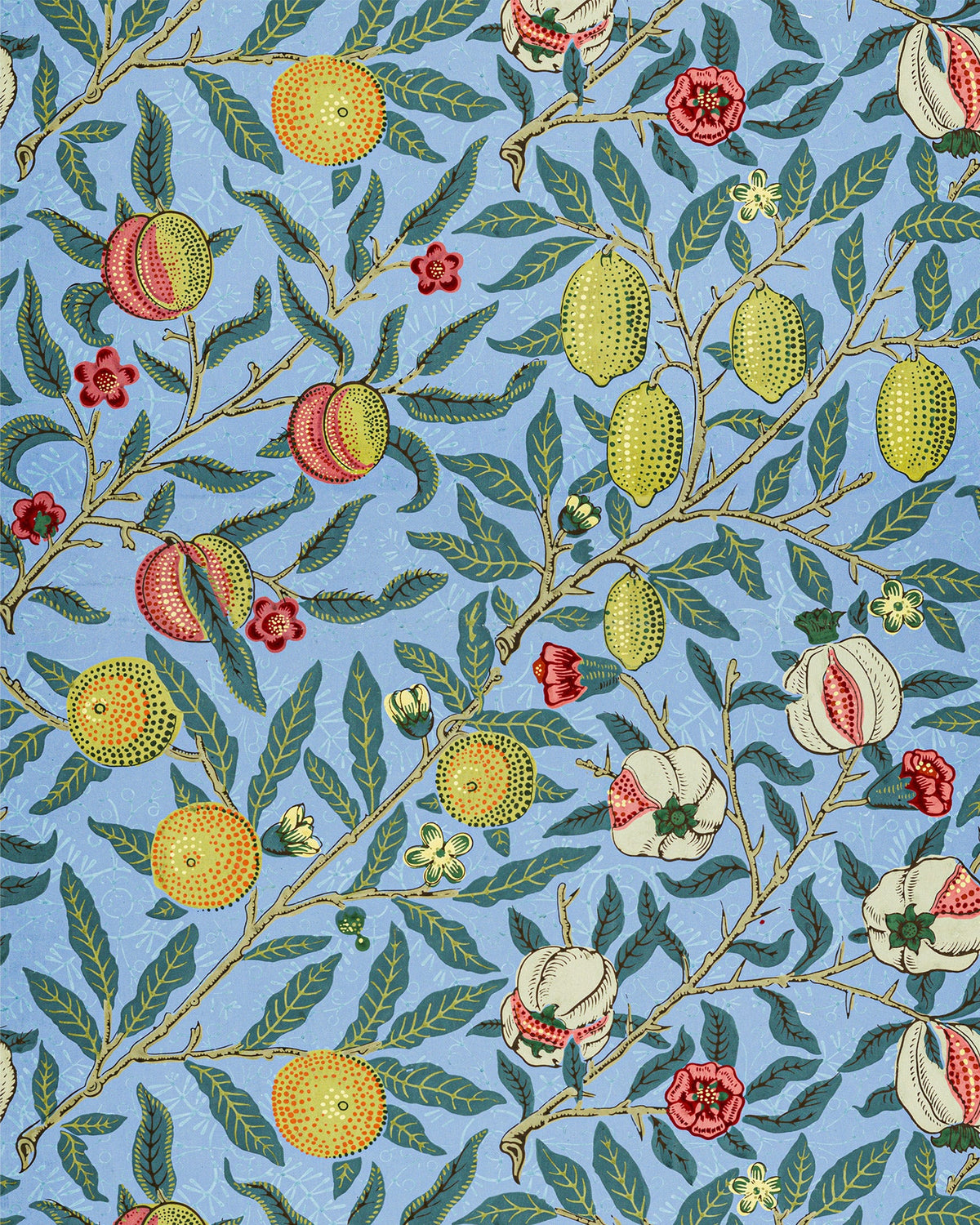 William Morris Fruit wallpaper pattern: pomegranates, lemons and oranges on leafy branches over a pale blue background