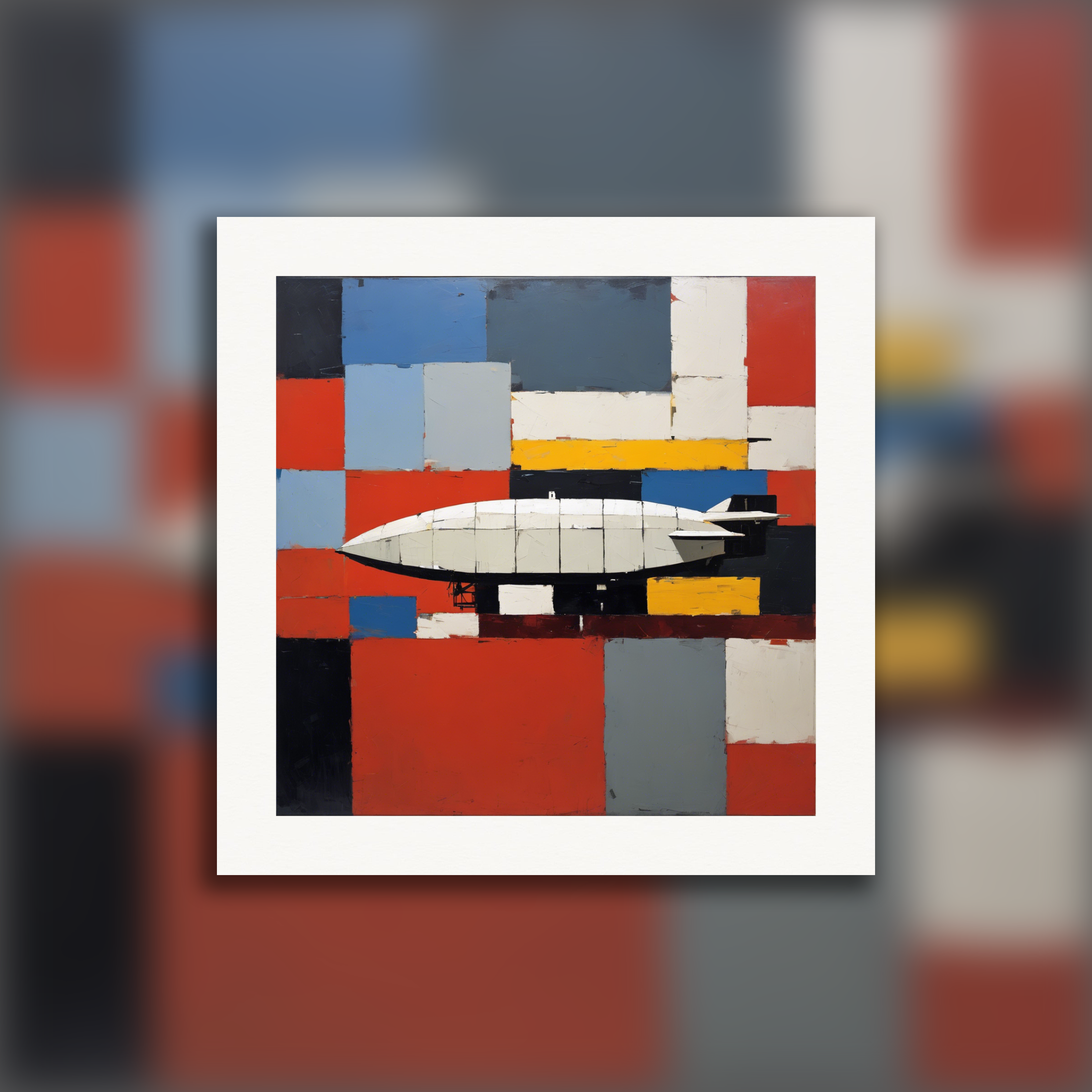 Figurative Abstraktion, dicke und strukturierte geometrische Formen, ein Zeppelin - Poster