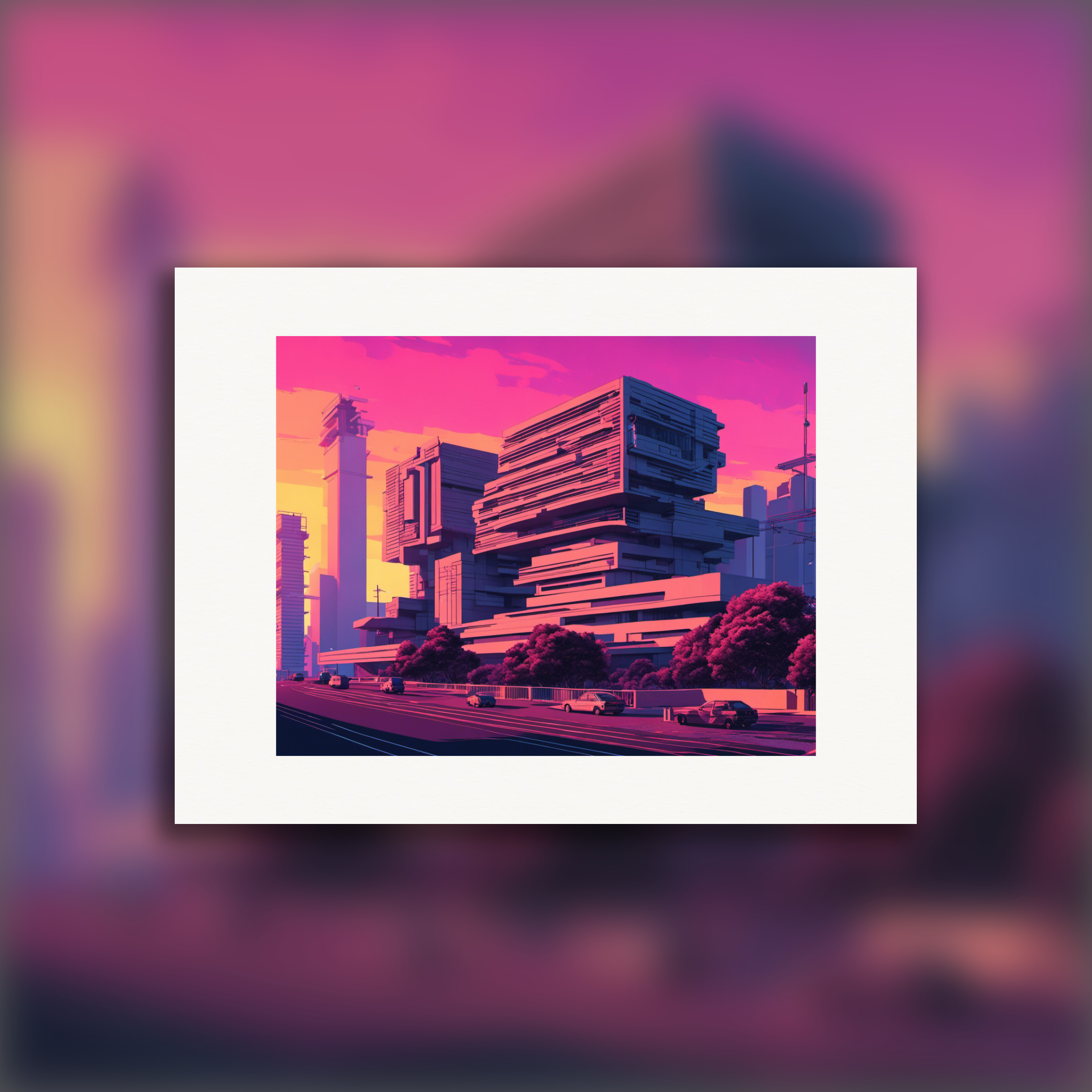 Vaporwave trifft auf brutalistischen Baustil – poster für moderne Schweizer Wohnräume
