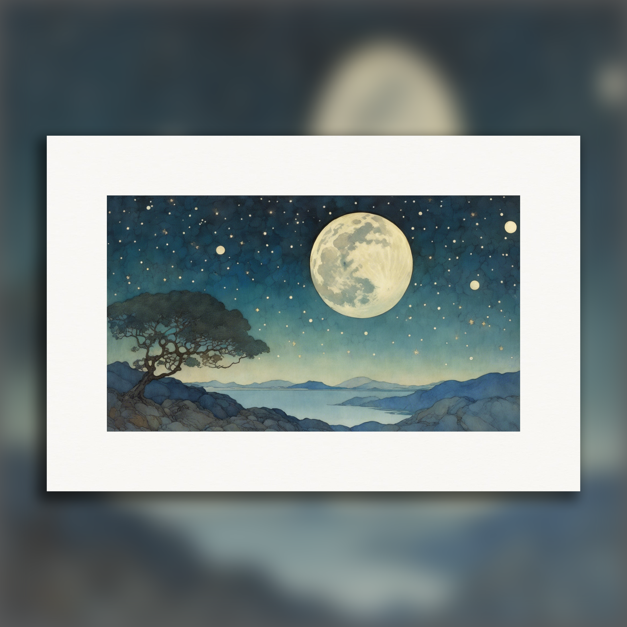 Illustrazione incantevole, Luna e cielo stellato - Poster