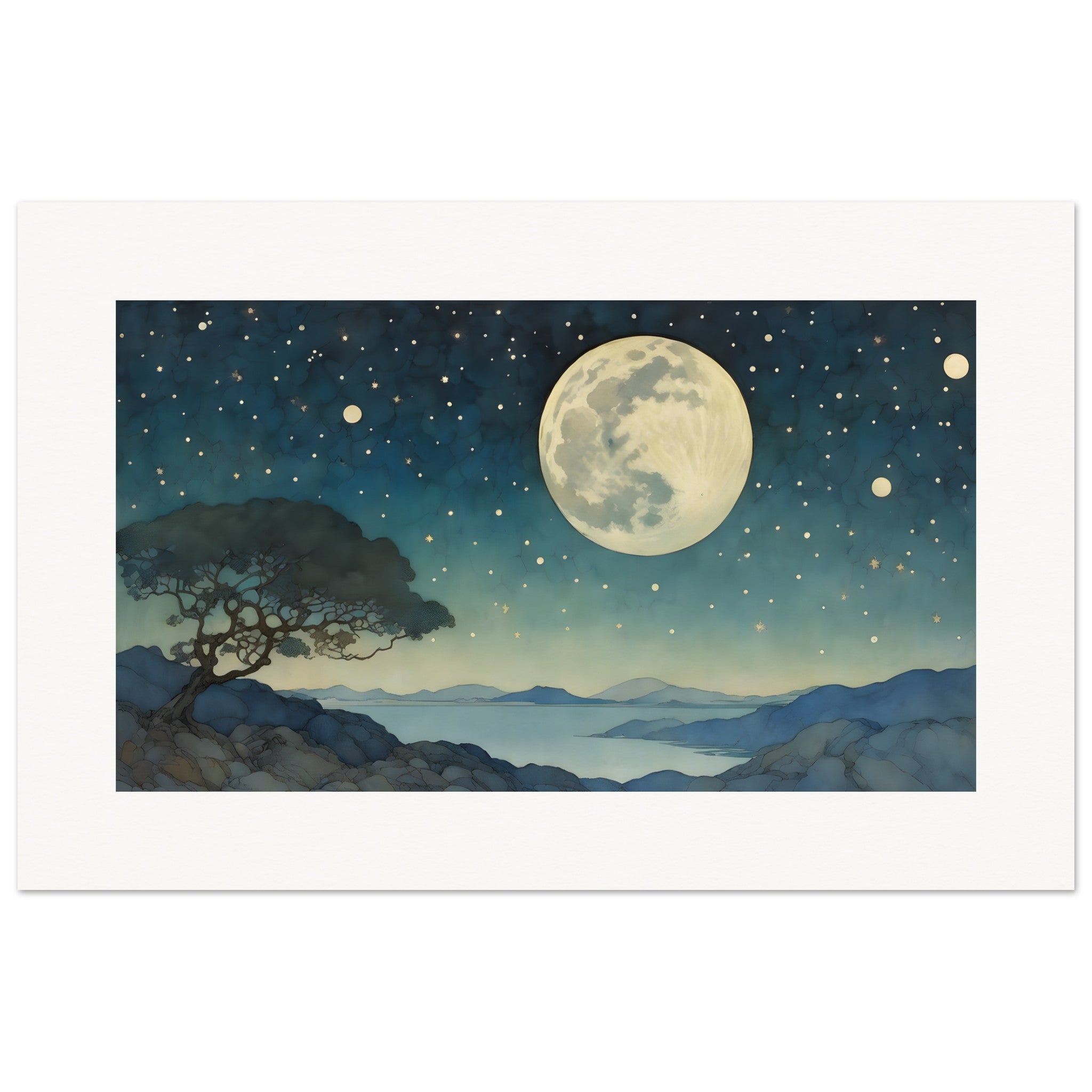 Illustrazione incantevole, Luna e cielo stellato - Poster