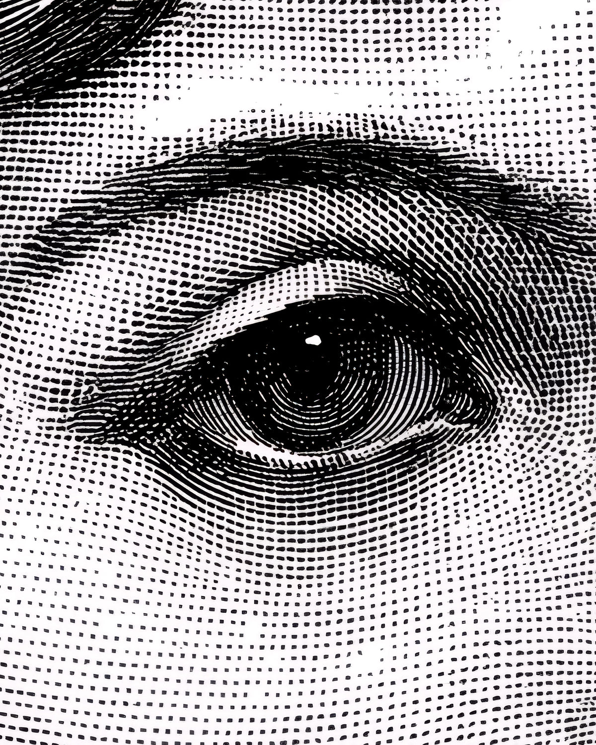 Gros plan en noir et blanc en pointillés d’un œil humain, avec le sourcil et la texture de la peau autour.