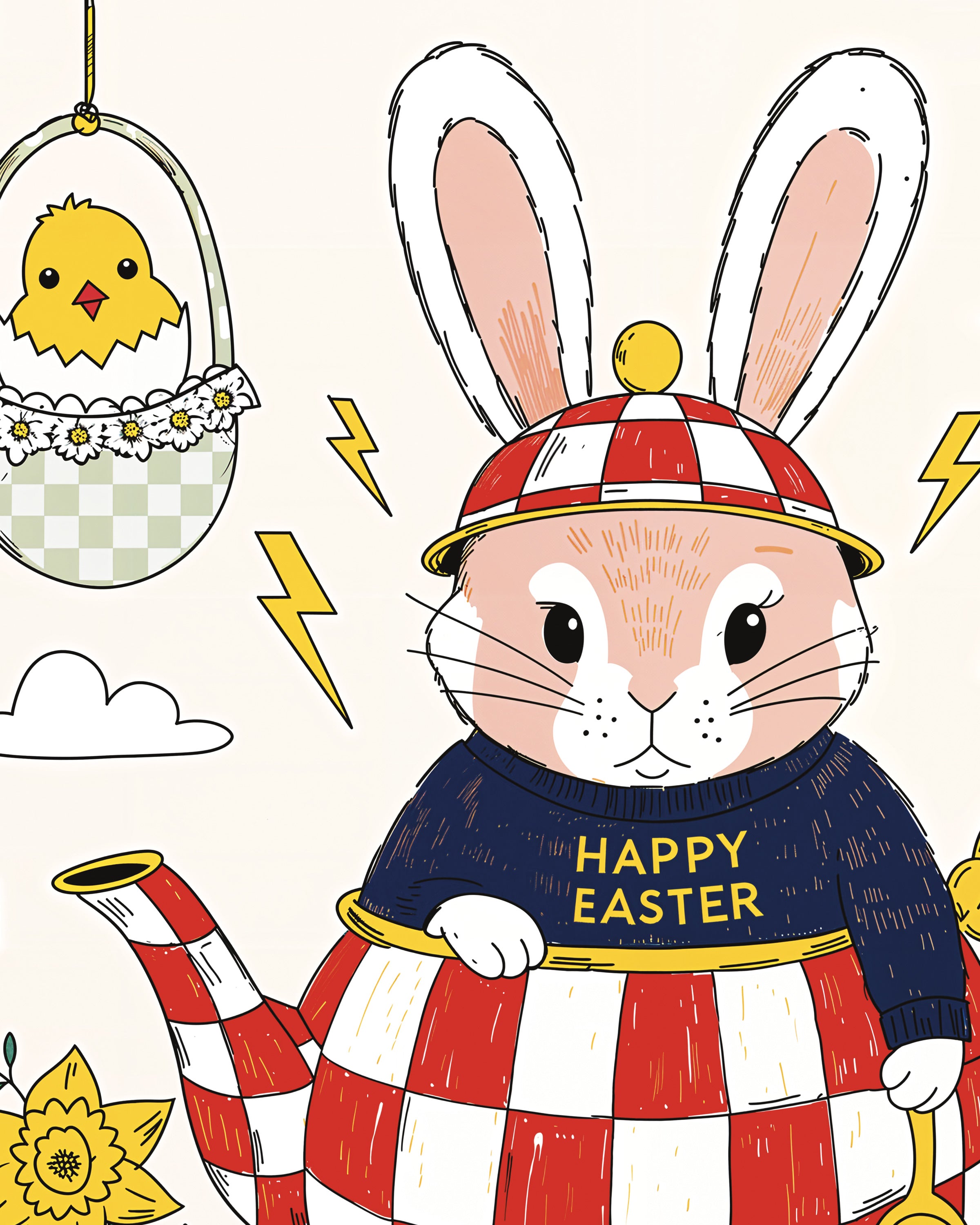 Brise de Pâques - Théière Lapin et Jonquilles Affiche