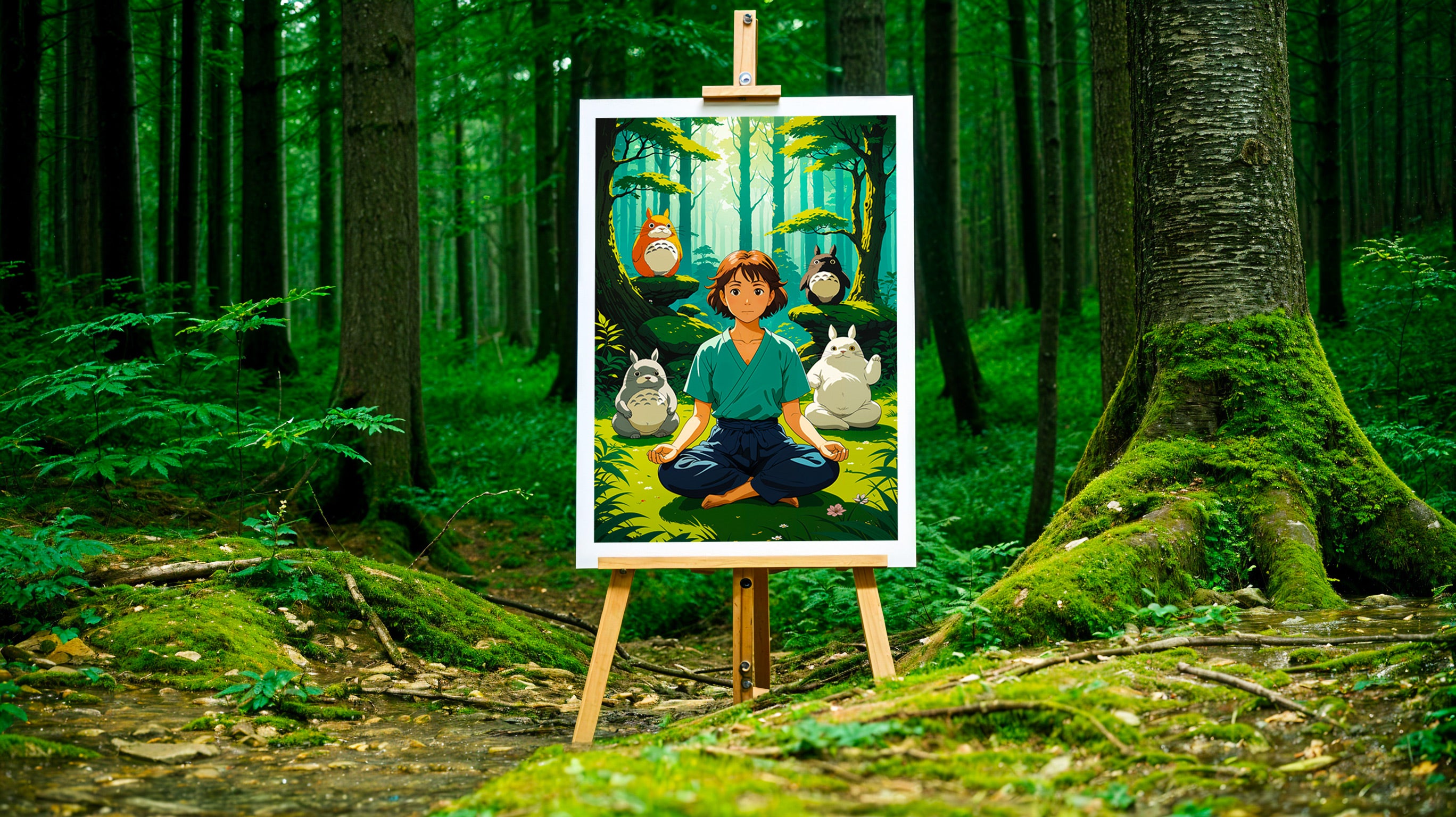 Studio Ghibli Wandbild mit Totoro in meditativer Pose
