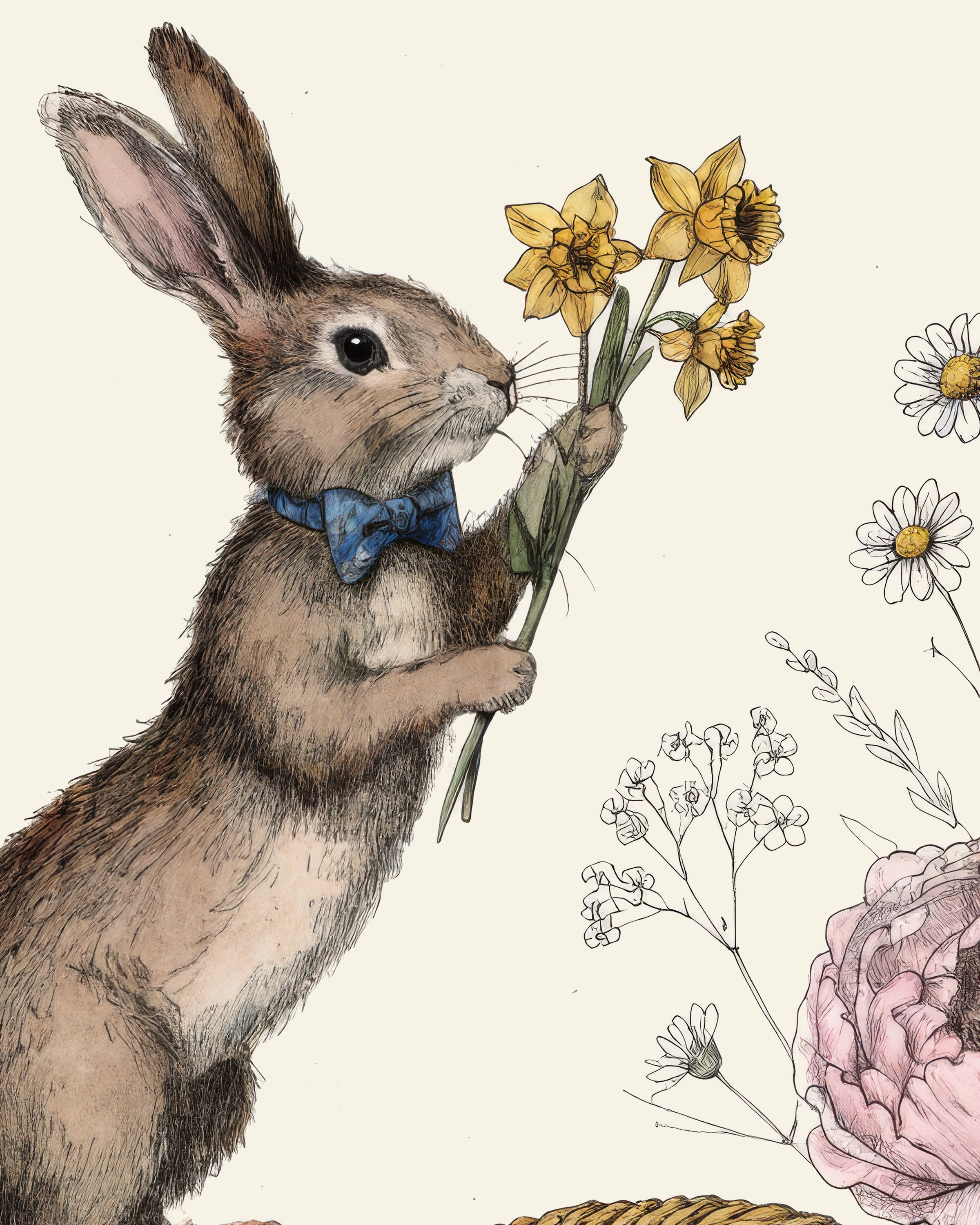 Impression artistique de Lapin Noeud Papillon avec Panier de Pâques - Affiche