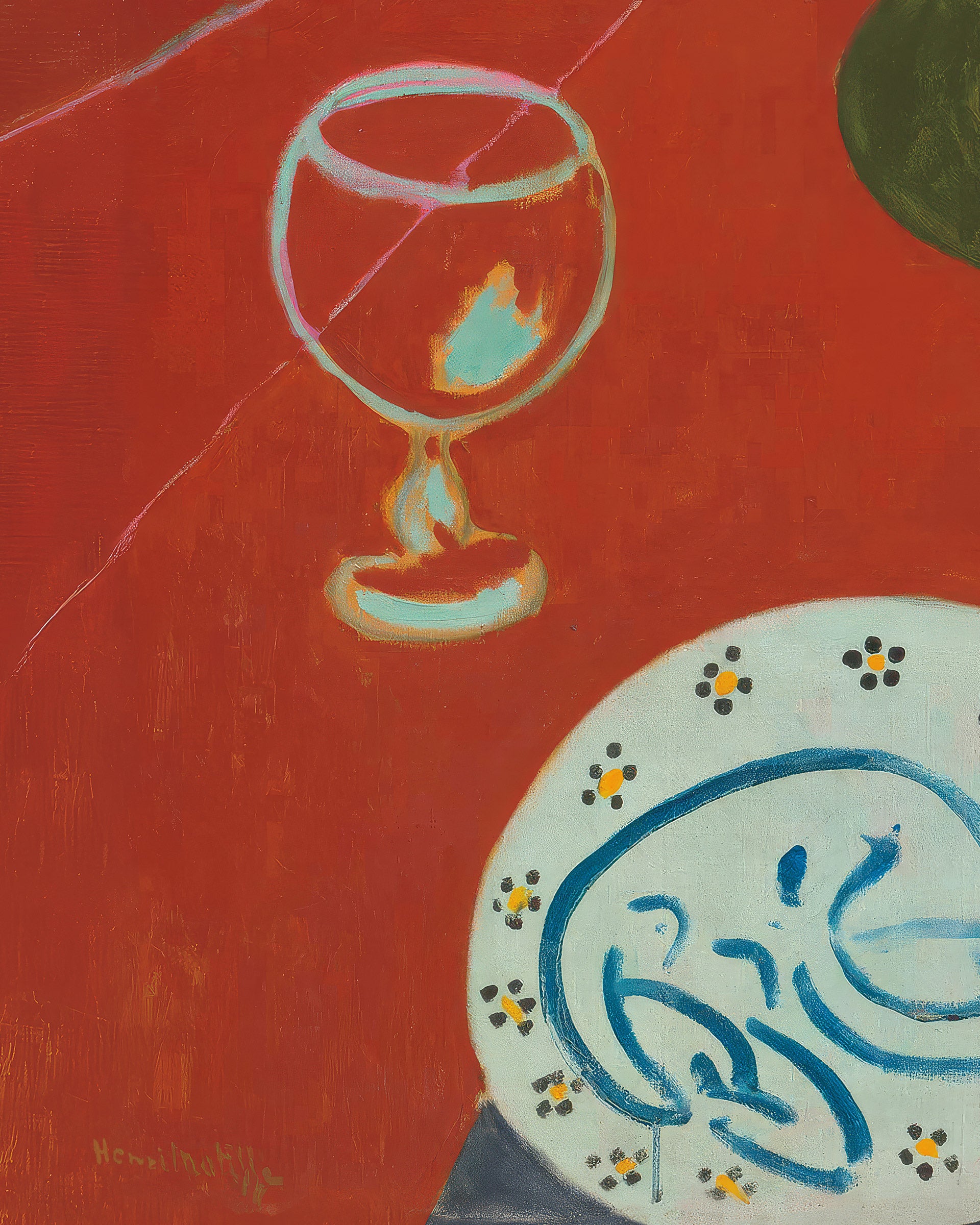 An abstract still life painting by Henri Matisse featuring a white wine glass with a light blue and orange center on a textured red-orange background, alongside a white plate with blue and yellow floral motifs in the lower right corner.
