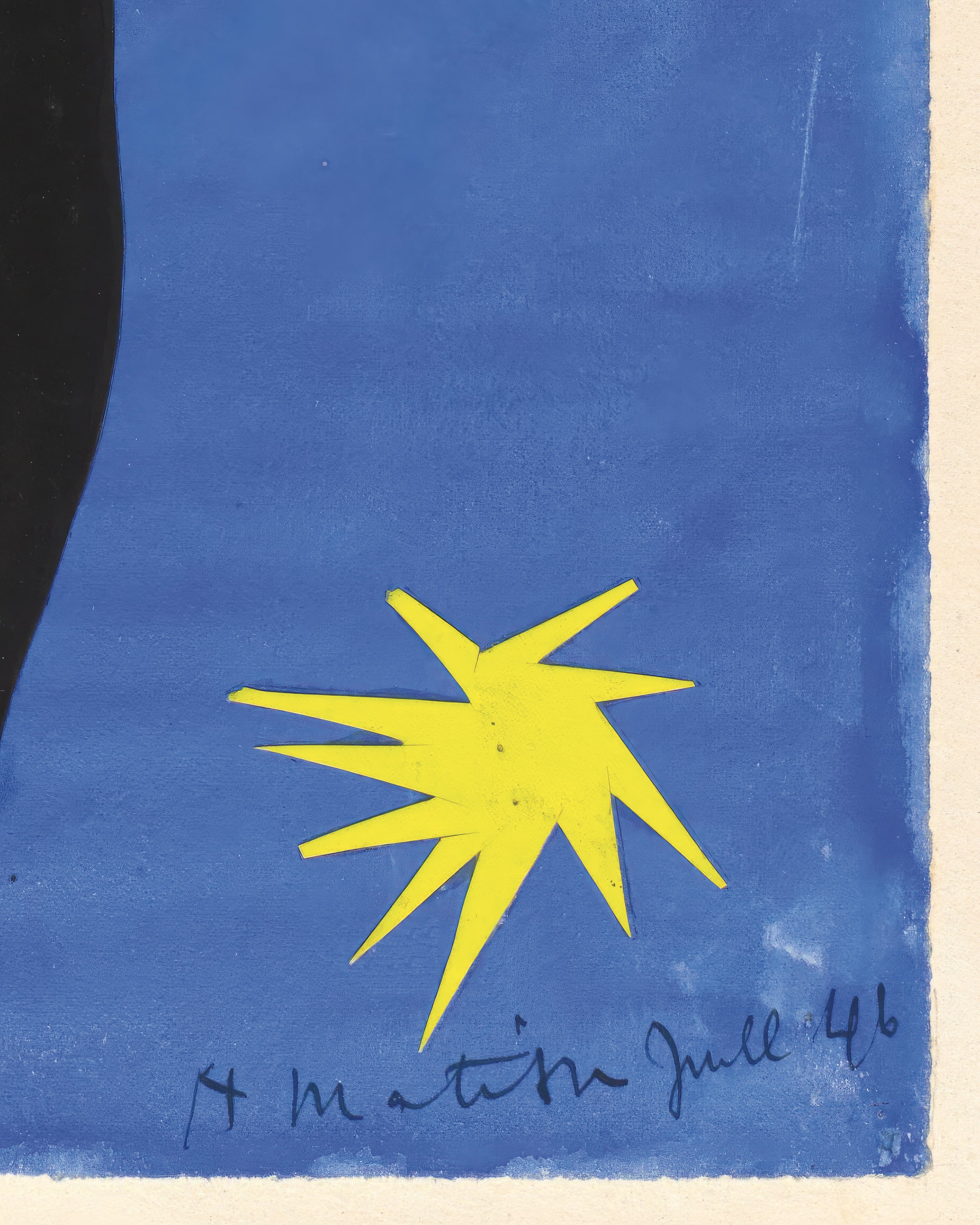 Yellow star-like shape on a blue background with signature 'Matisse' and date '46'.