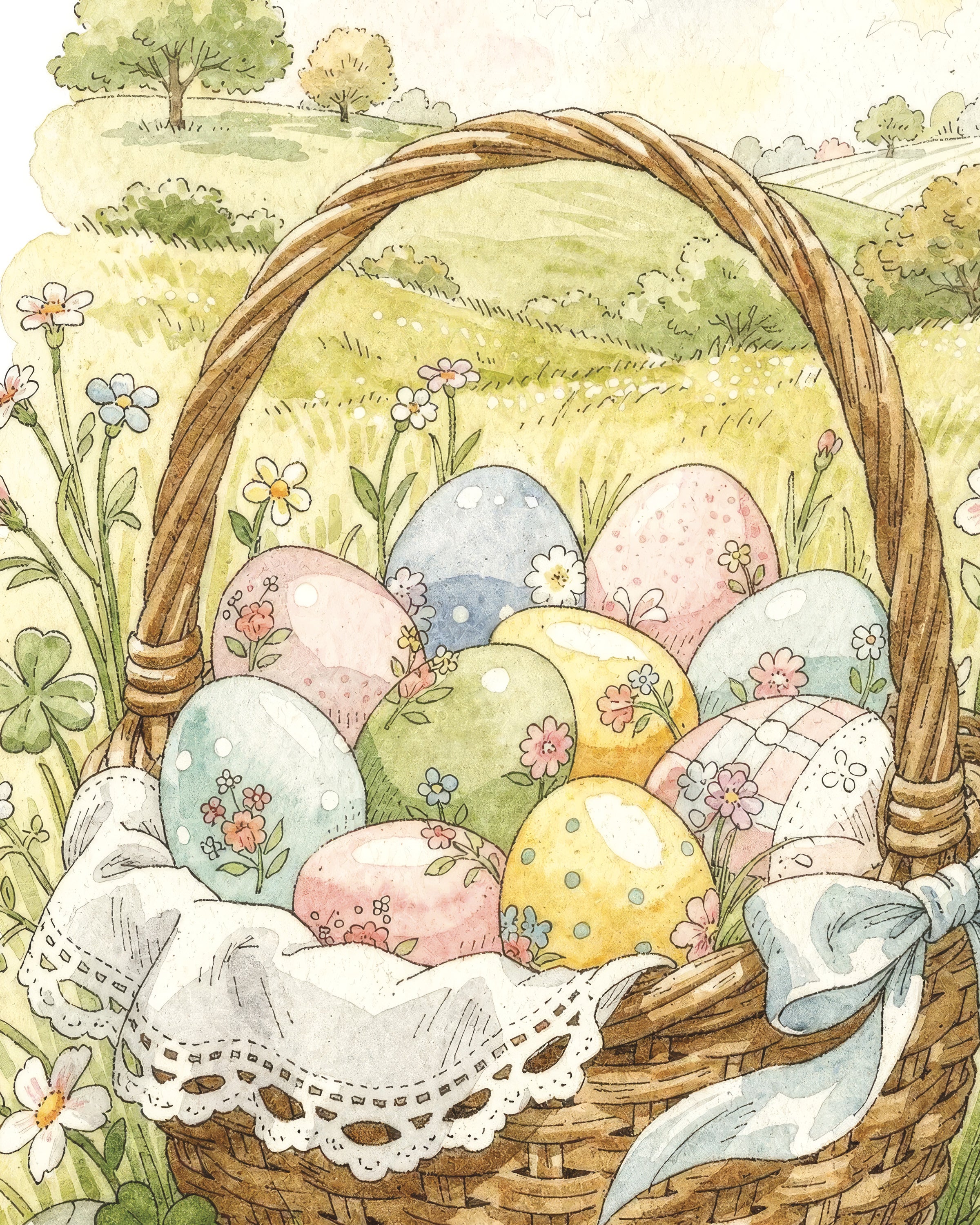 Panier de Pâques dans la Prairie - Affiche Aquarelle Pastel