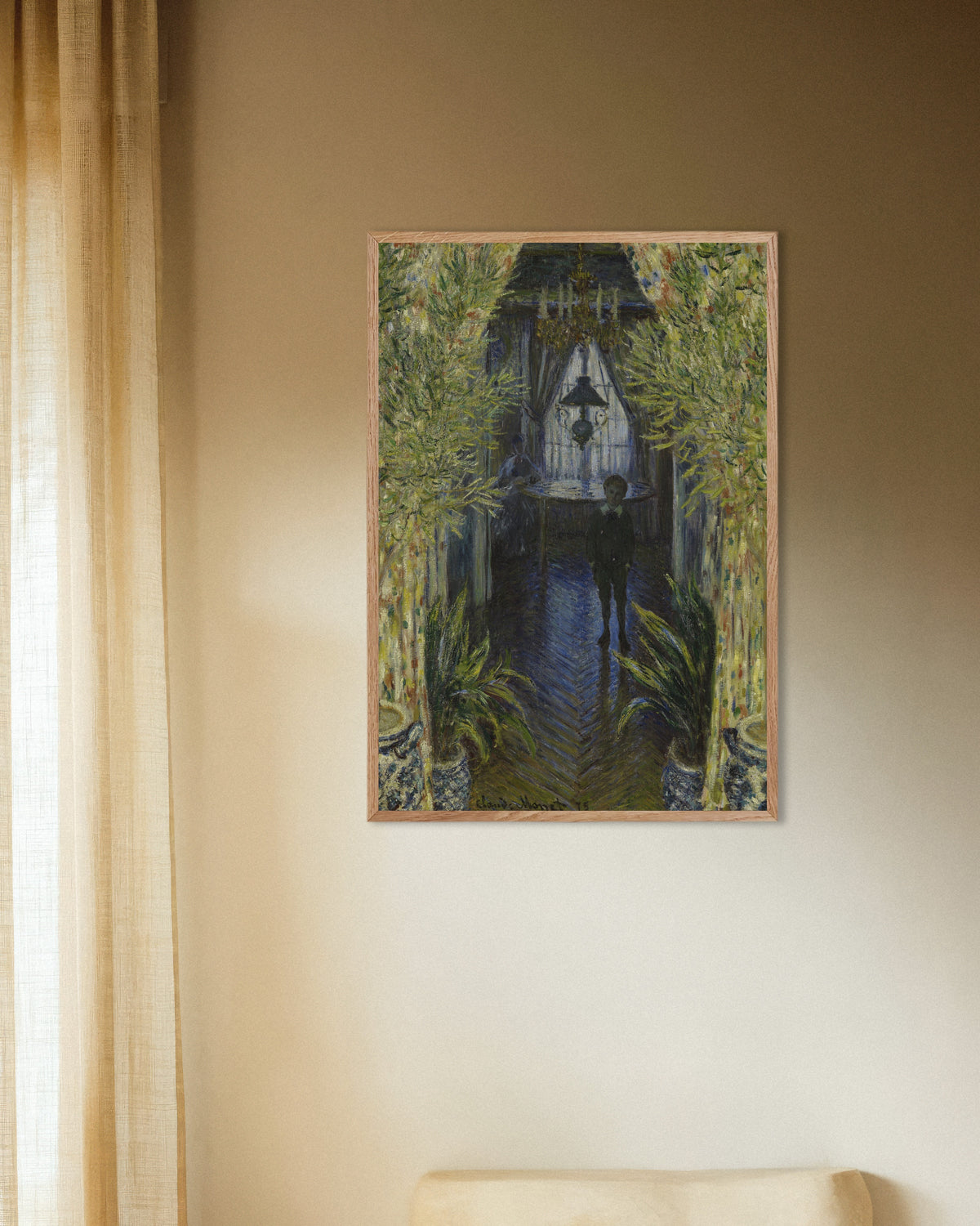 Poster Eine Ecke der Wohnung (1875) von Claude Monet mit naturfarbenem Holzrahmen