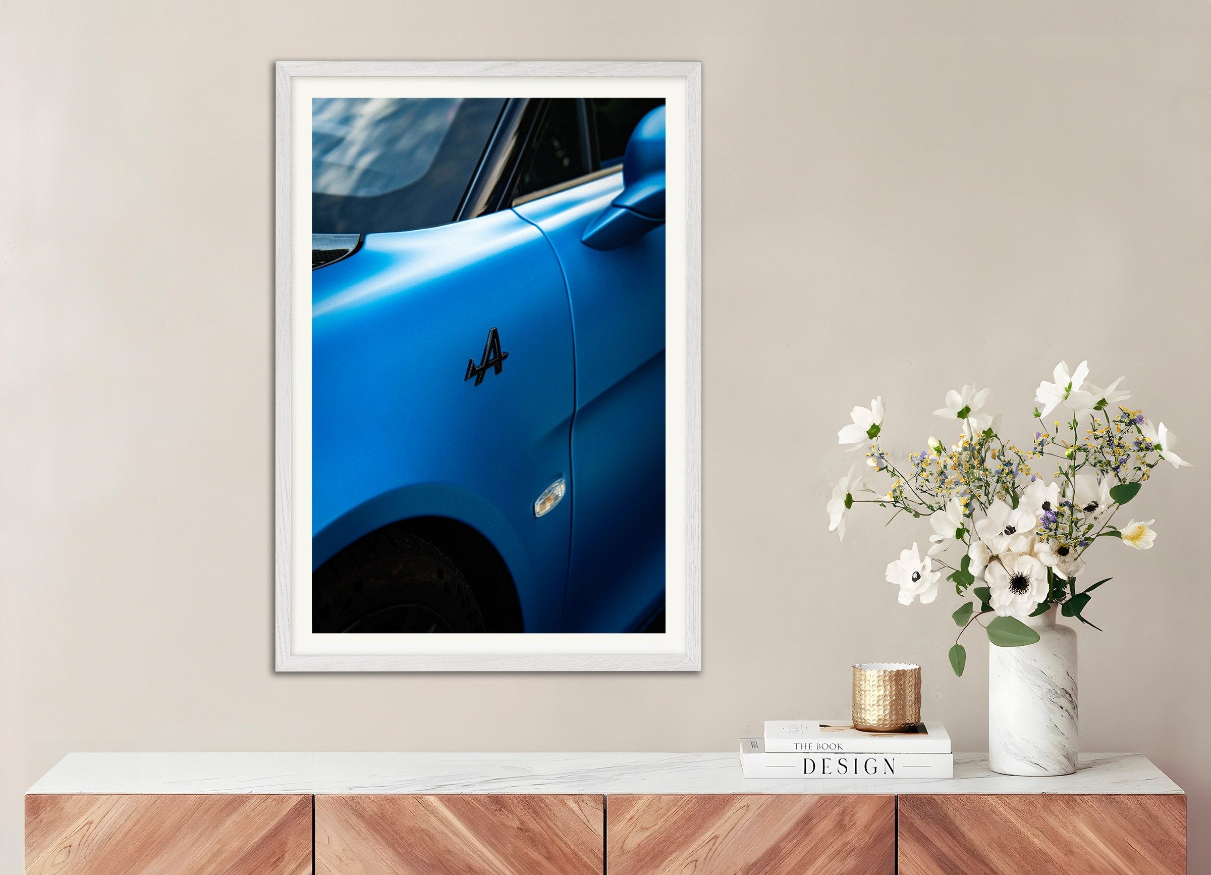 Poster of Alpine A110 Close-Up – Car Photography Poster, with white wooden frame