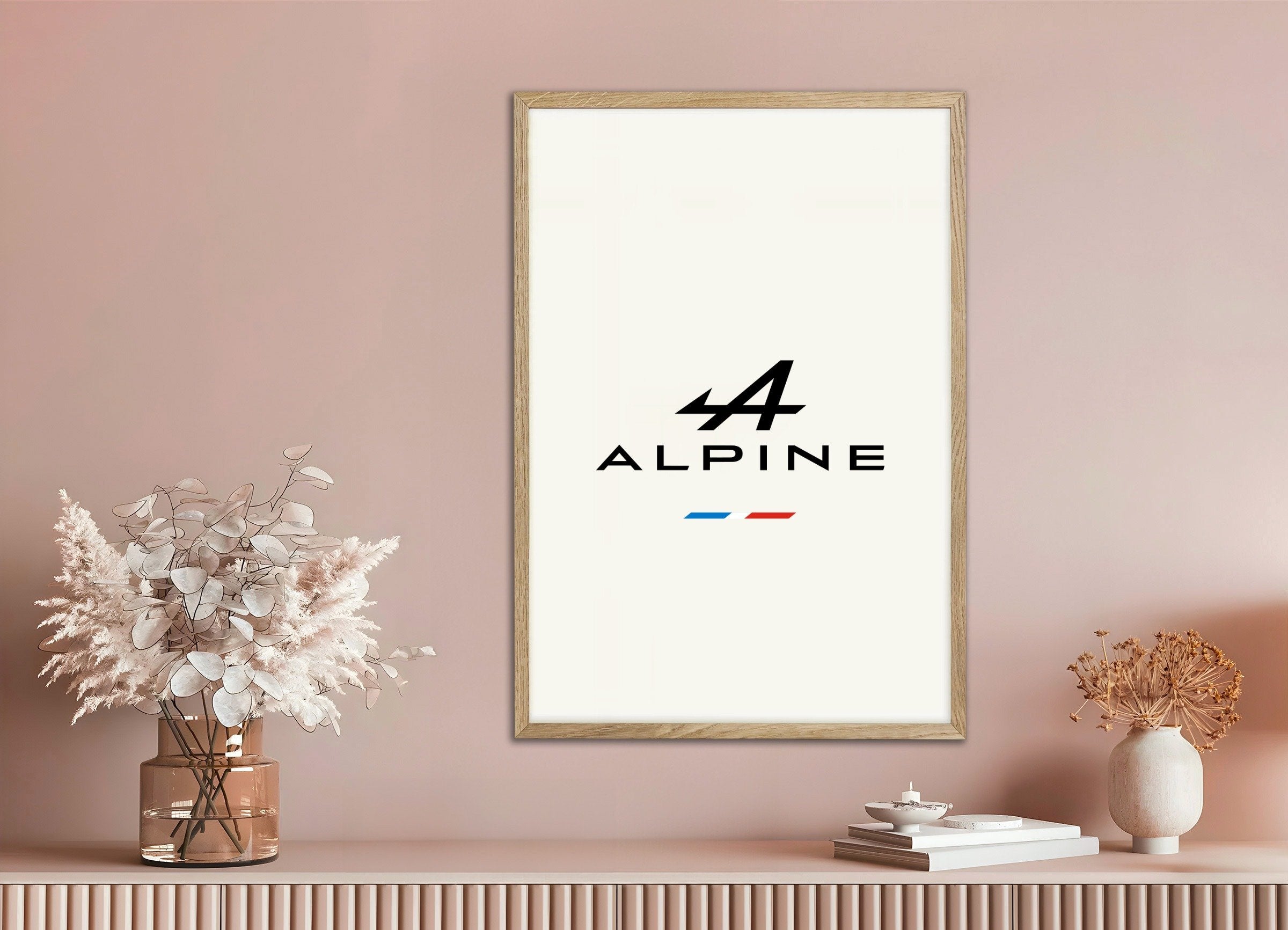 Poster of Alpine logo, with natural wooden frame