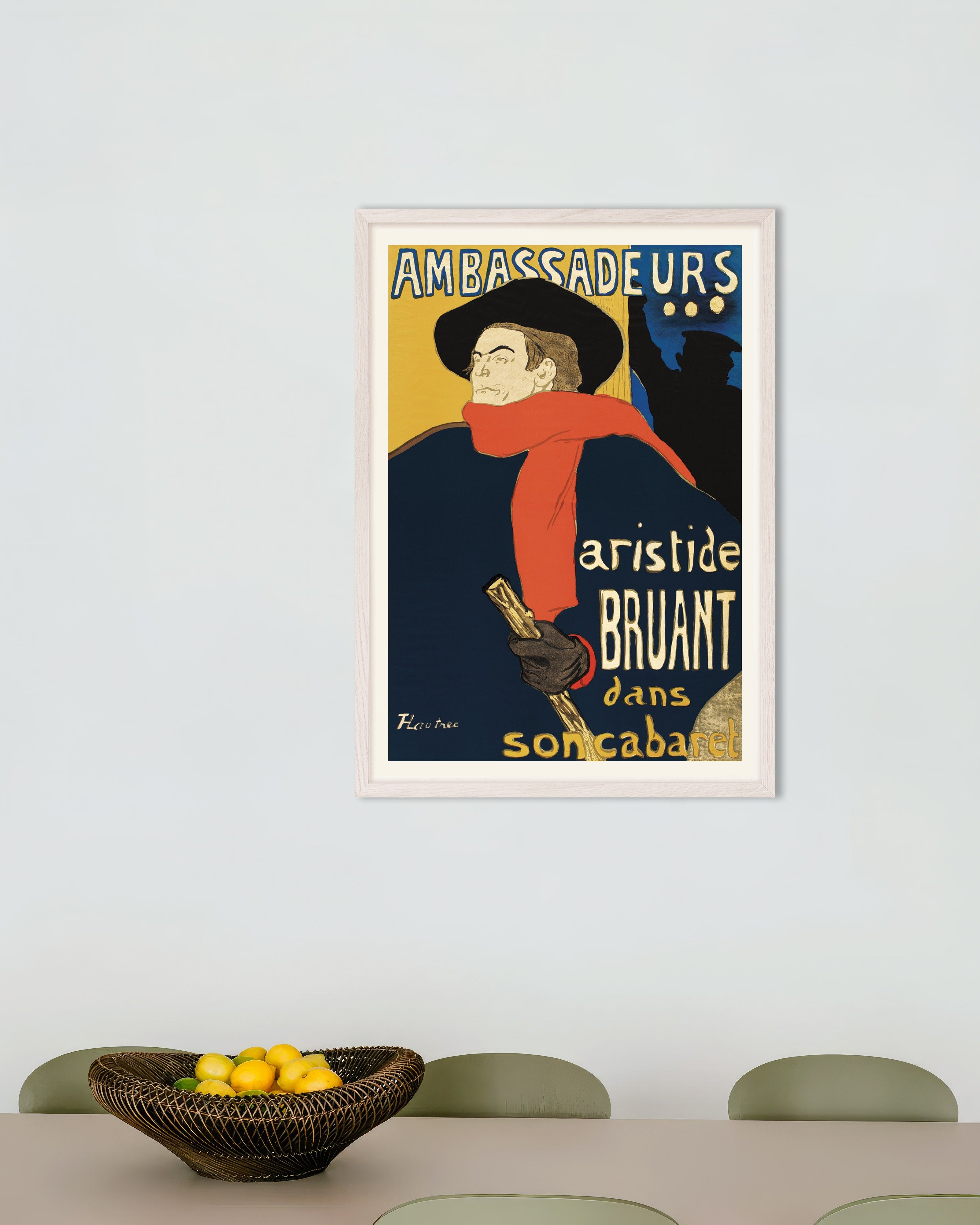 Poster of Ambassadeurs: Aristide Bruant dans son cabaret (1892) by Henri de Toulouse-Lautrec, with white wooden frame