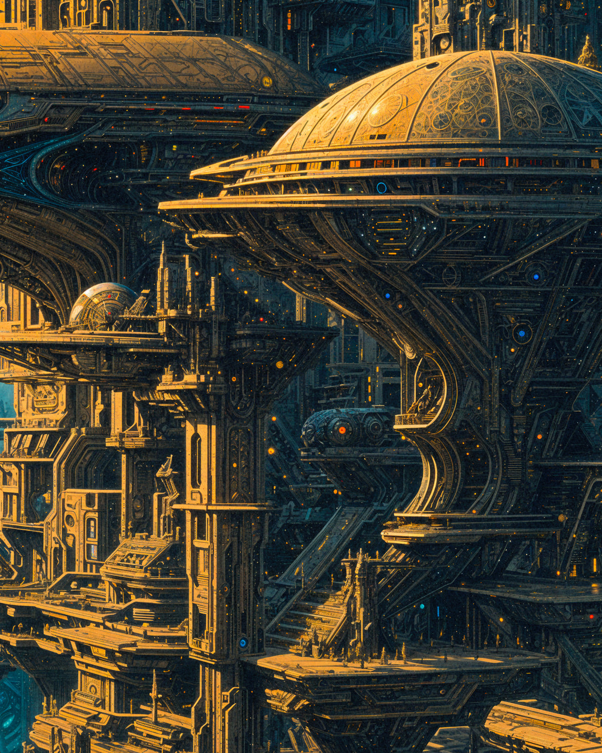 Scène architecturale de science-fiction détaillée, avec des dômes ornés, des structures imposantes et des détails mécaniques complexes dans des tons chauds dorés et bruns, ponctués de petites lumières bleues.