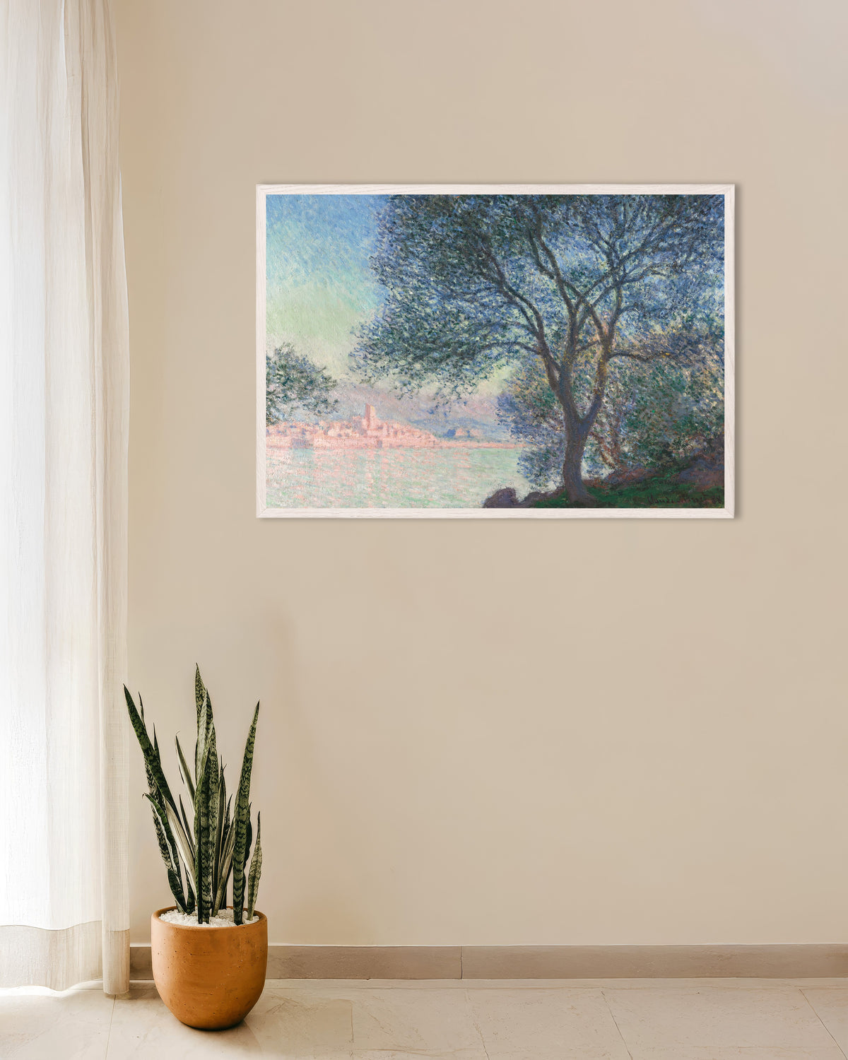 Affiche Antibes vue de la Salis (1888) de Claude Monet, avec un cadre en bois blanc
