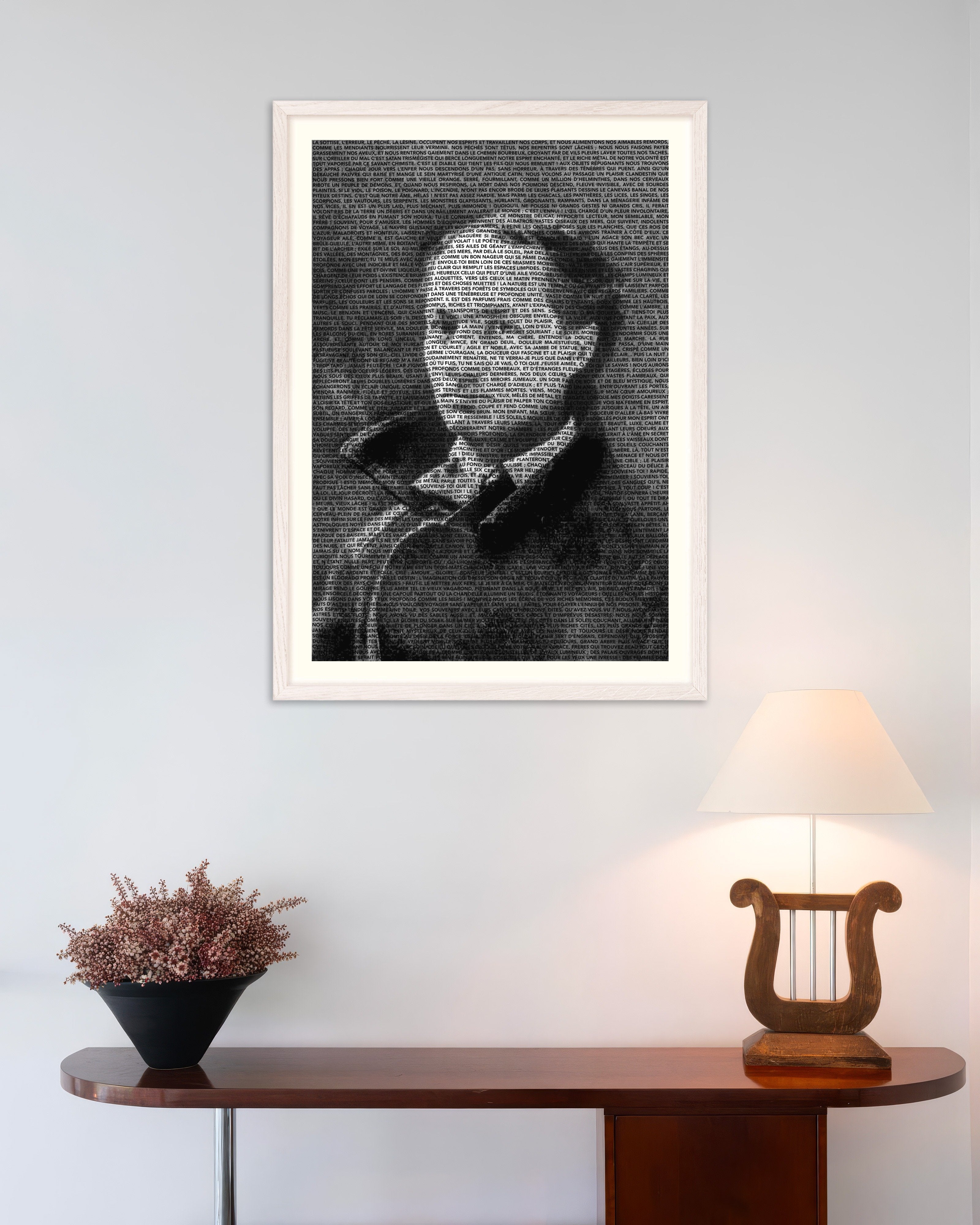 Poster of Baudelaire, Les Fleurs du Mal - Typographic Portrait - Poster, with white wooden frame