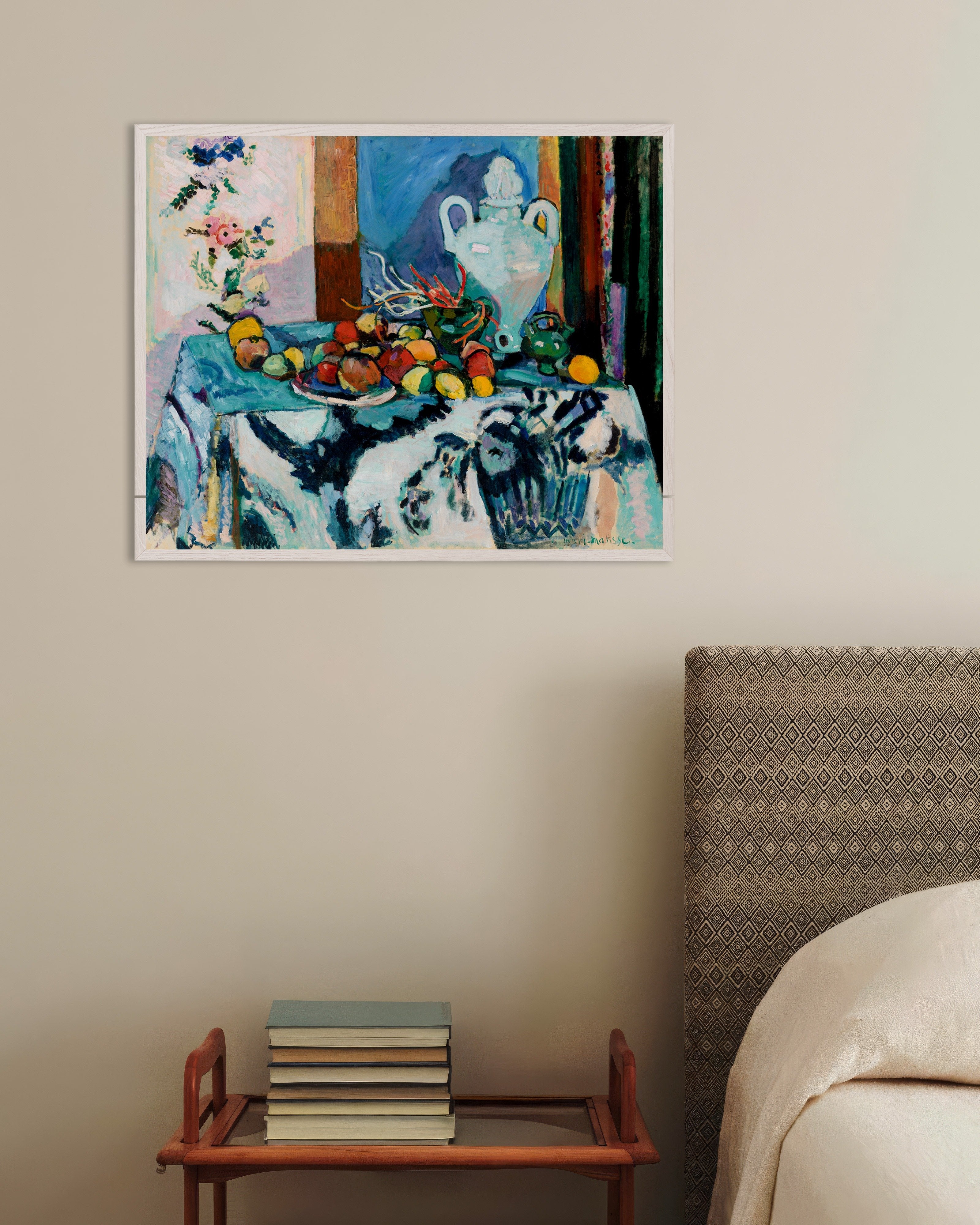 Poster of Blue Still Life (1907) by Henri Matisse, with white wooden frame