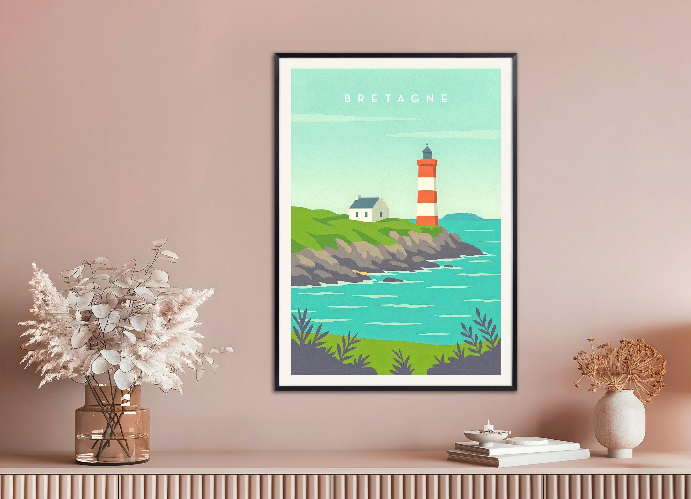 Poster of Brittany Lighthouse Poster - Coastal France Travel Art Print, with metal frame