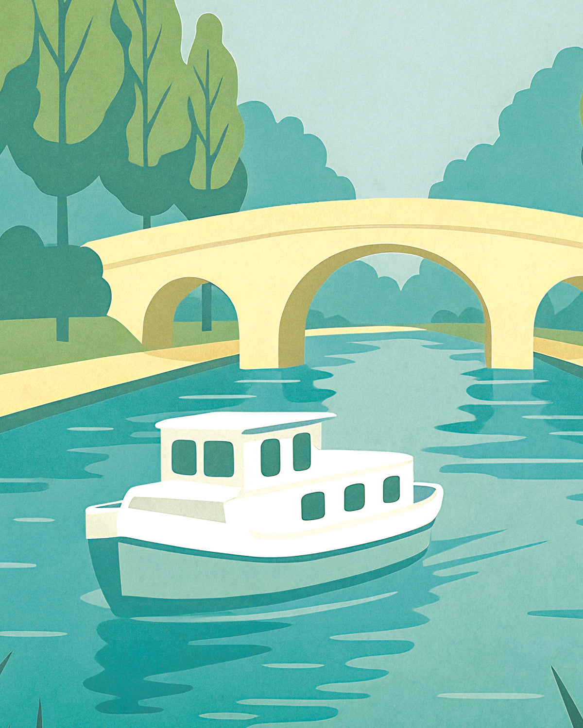 A stylized illustration of a white boat on teal water beneath a pale yellow bridge, with green trees in the background.