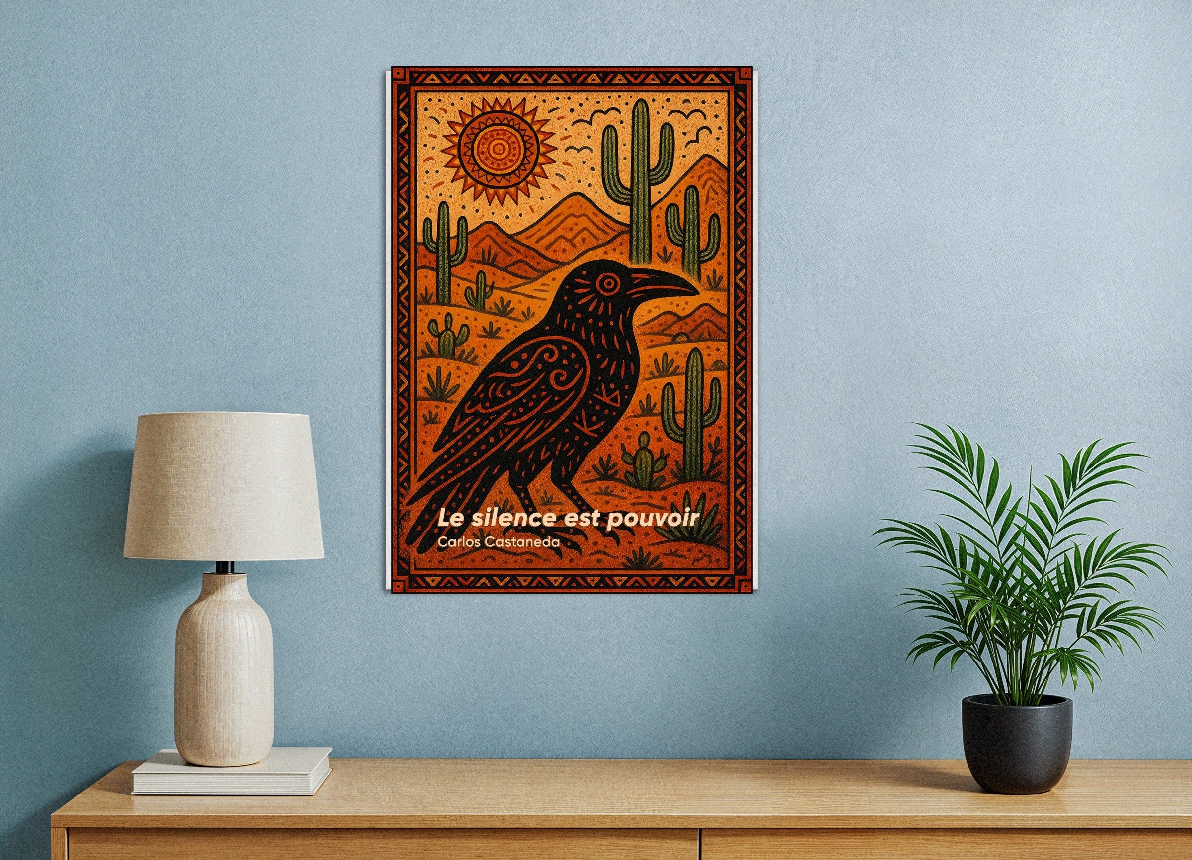 Poster of Carlos Castaneda "Power of Silence" Quote Poster, with white wooden frame