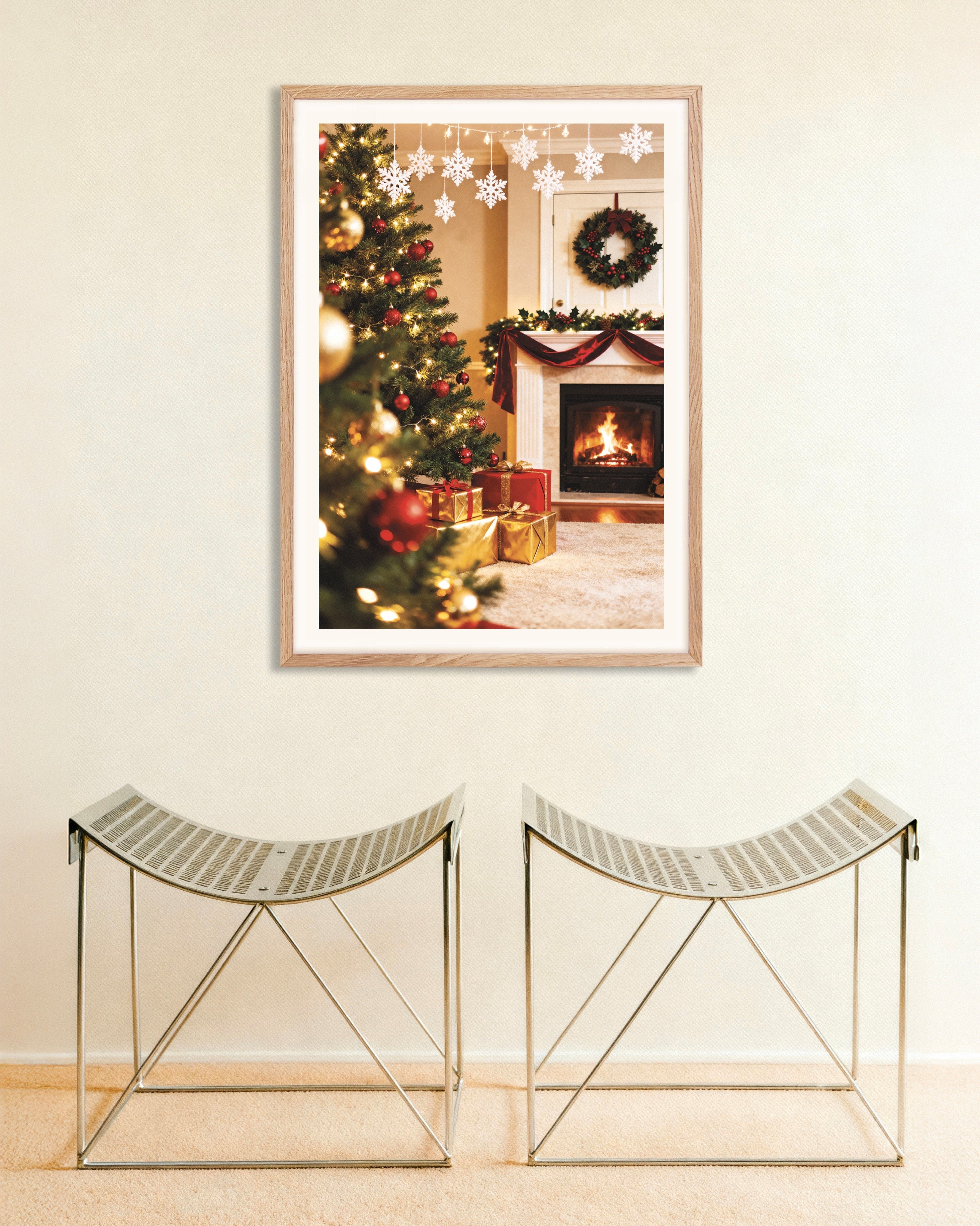 Poster of Christmas living room with fireplace poster, with natural wooden frame