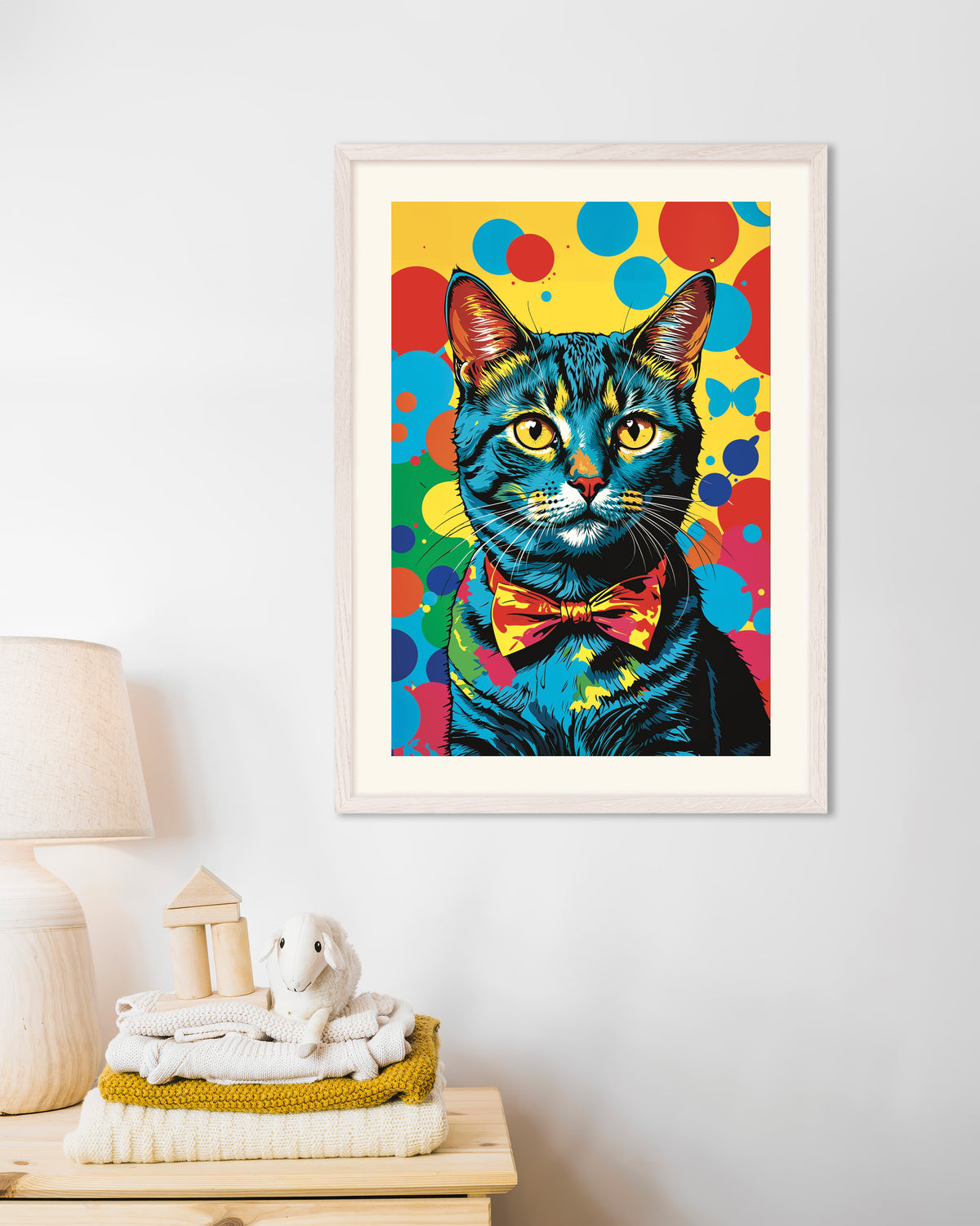 Poster di Poster con gatto colorato, con cornice in legno bianco