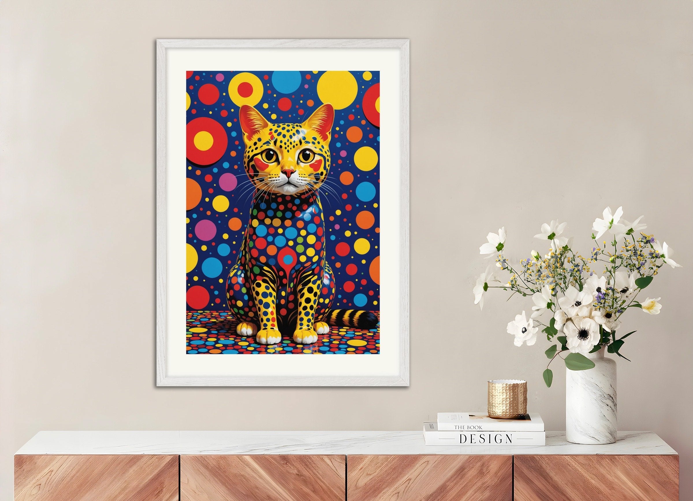 Poster of Cute and colorful kitten, with white wooden frame