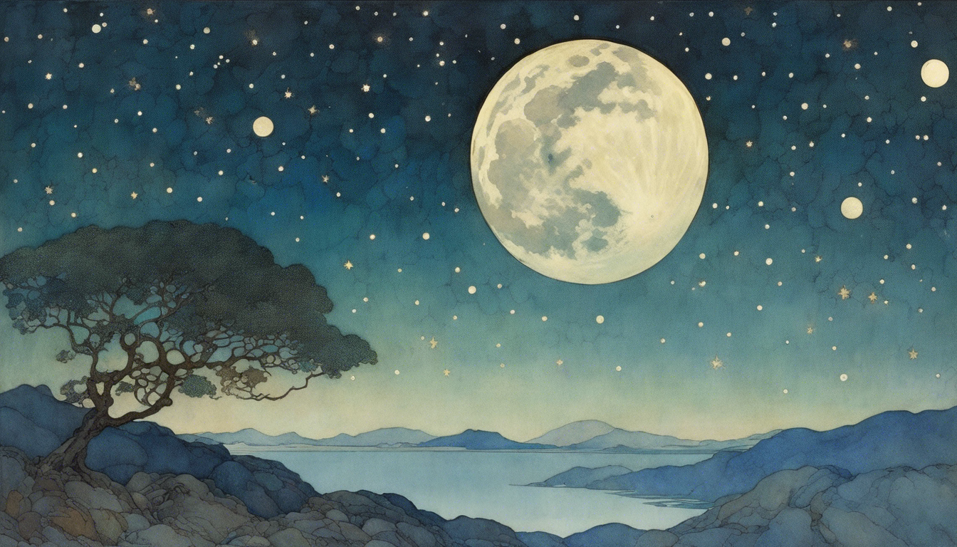 Illustrazione incantevole, Luna e cielo stellato - Poster