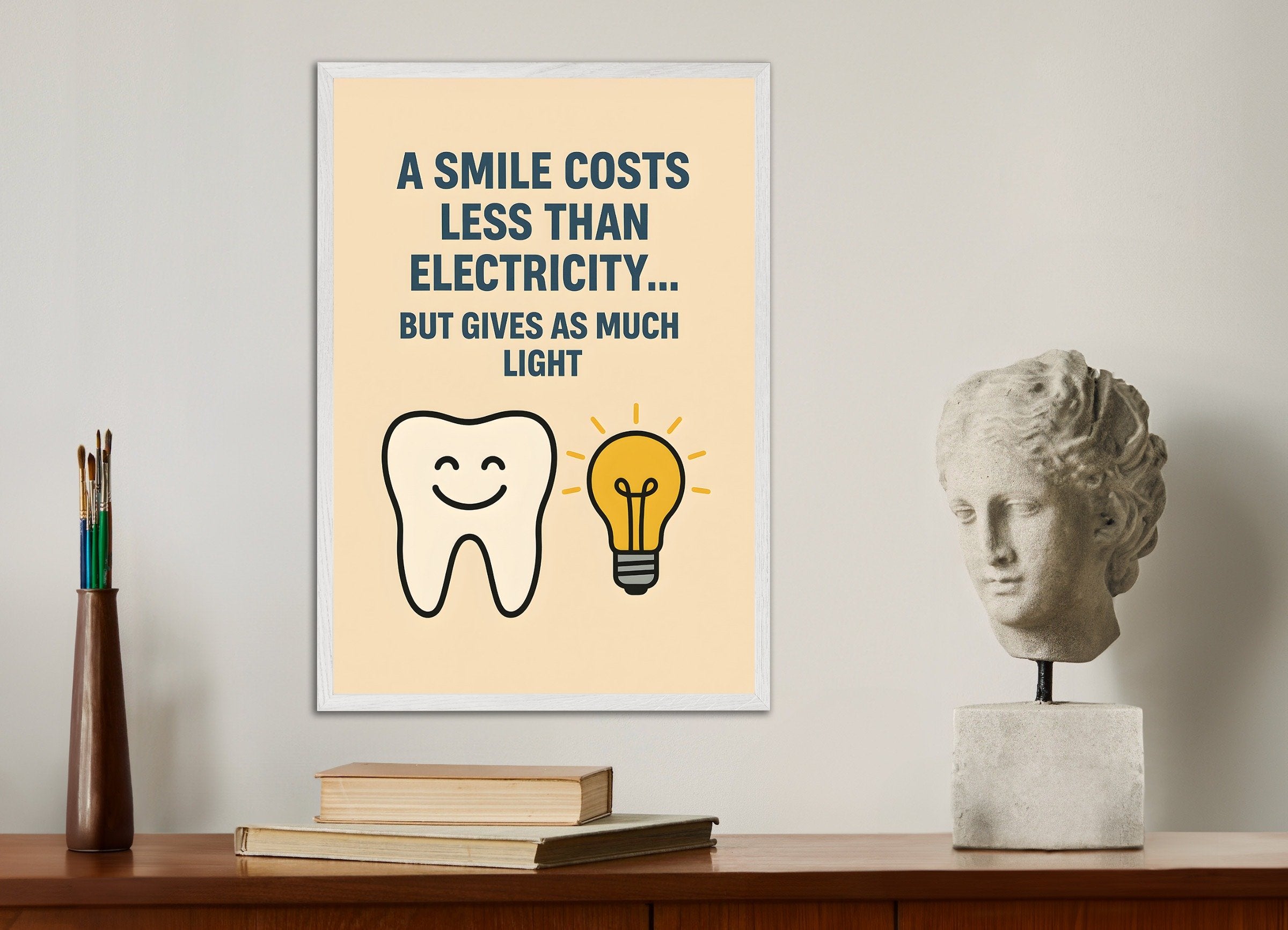 Poster of Dental Office Poster - A Smile Costs Less Than Electricity, with white wooden frame