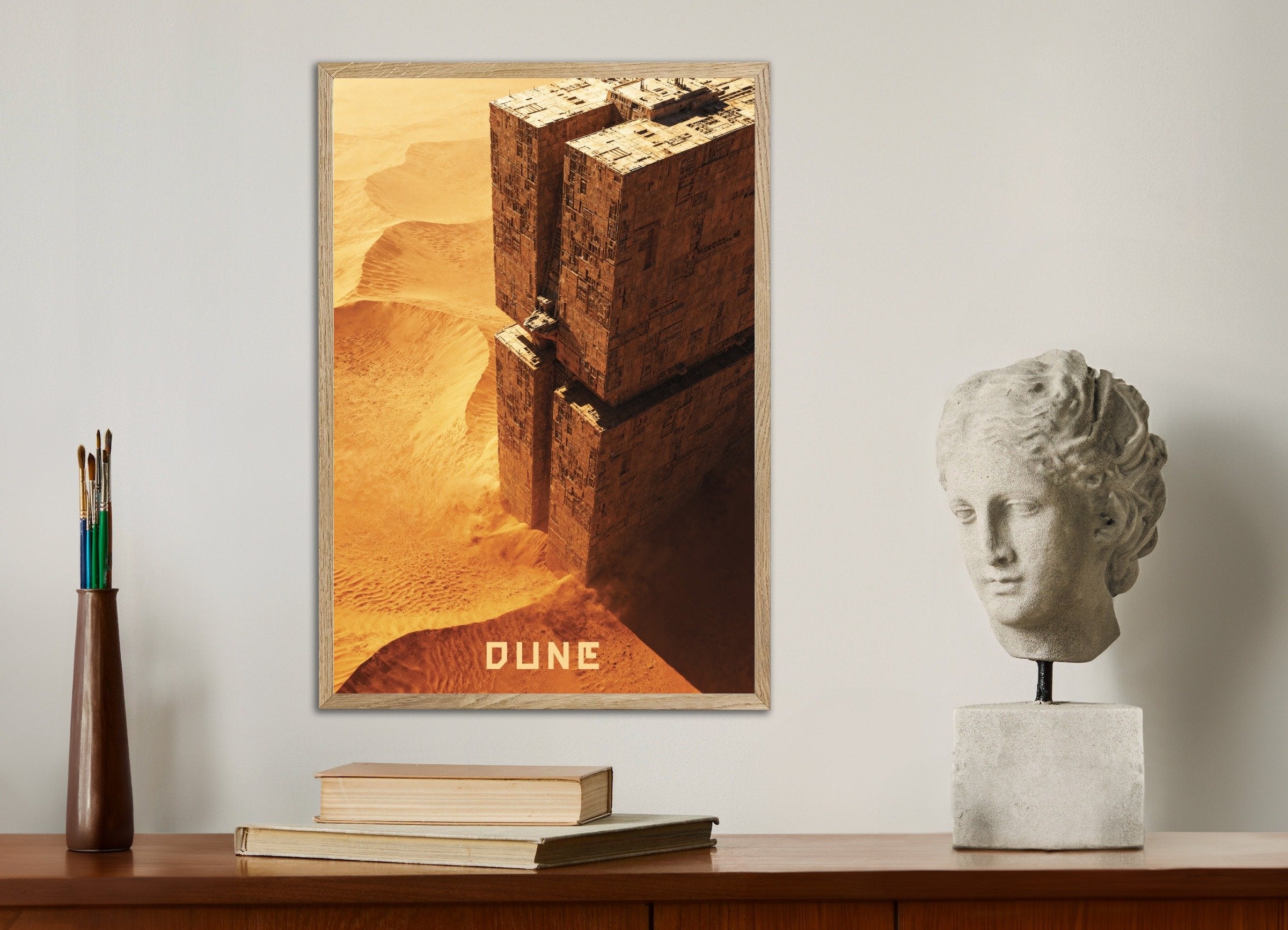 Poster of Desert Fortress Poster, Dune, Sci-Fi Megastructure Art Print, with natural wooden frame