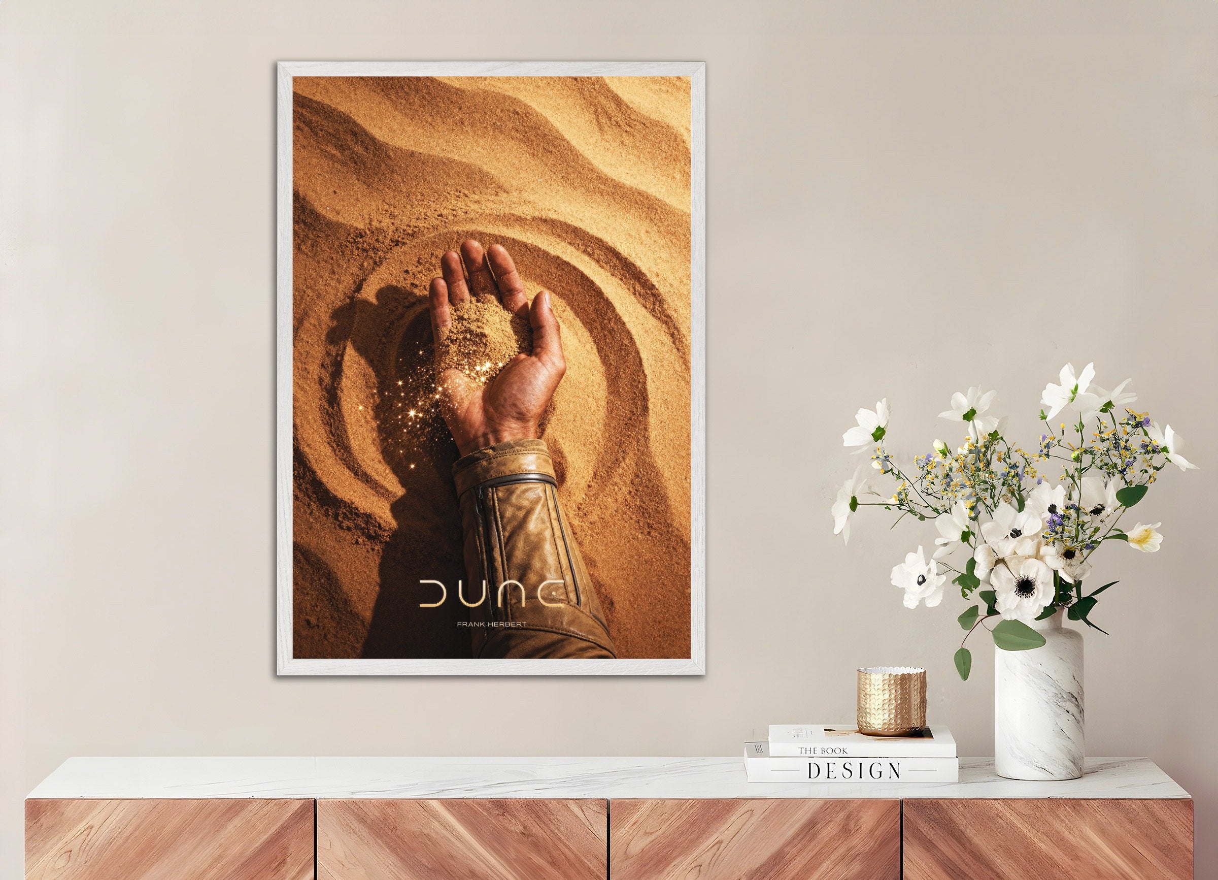 Poster of Desert Hand Poster, Dune, Sci-Fi Sand Art Print, with white wooden frame