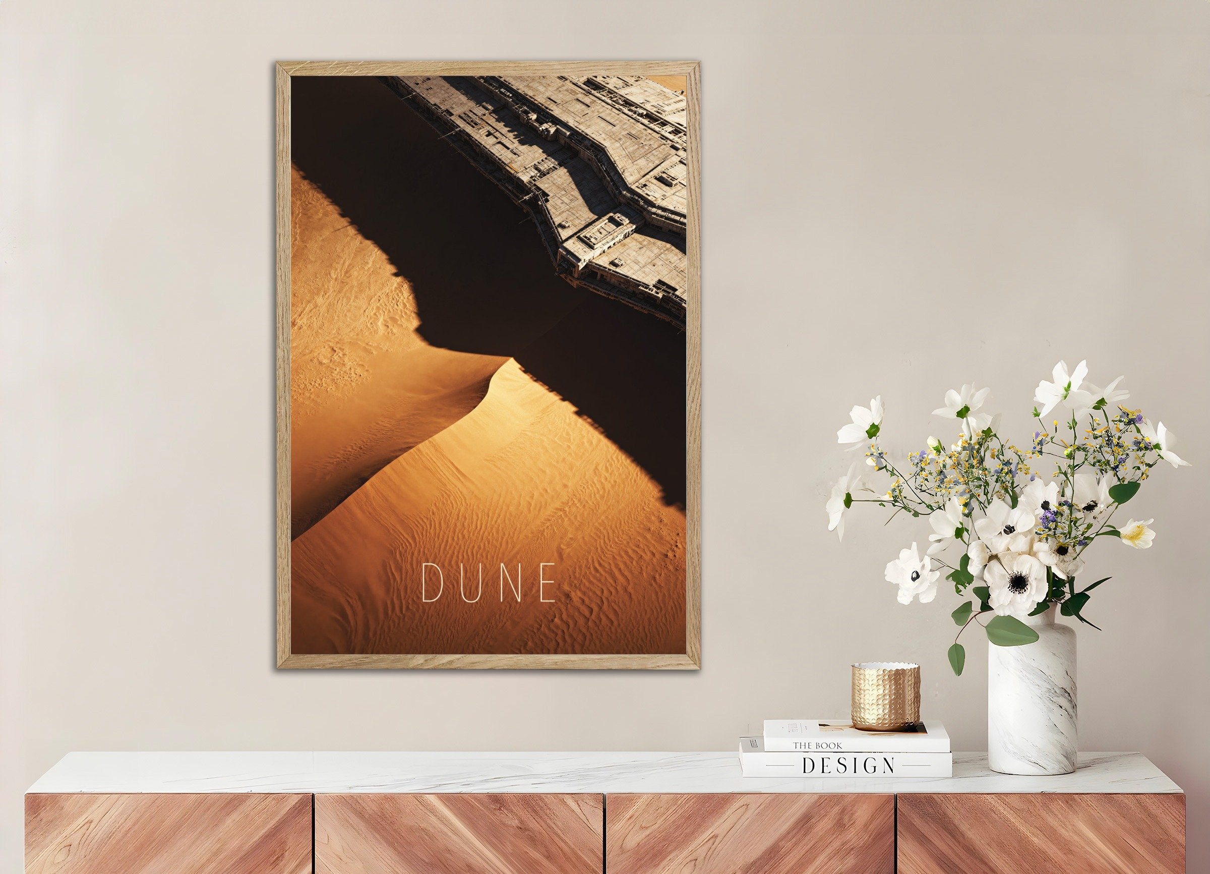Poster of Desert Ship Poster, Sci-Fi Sand Dune Art Print, with natural wooden frame