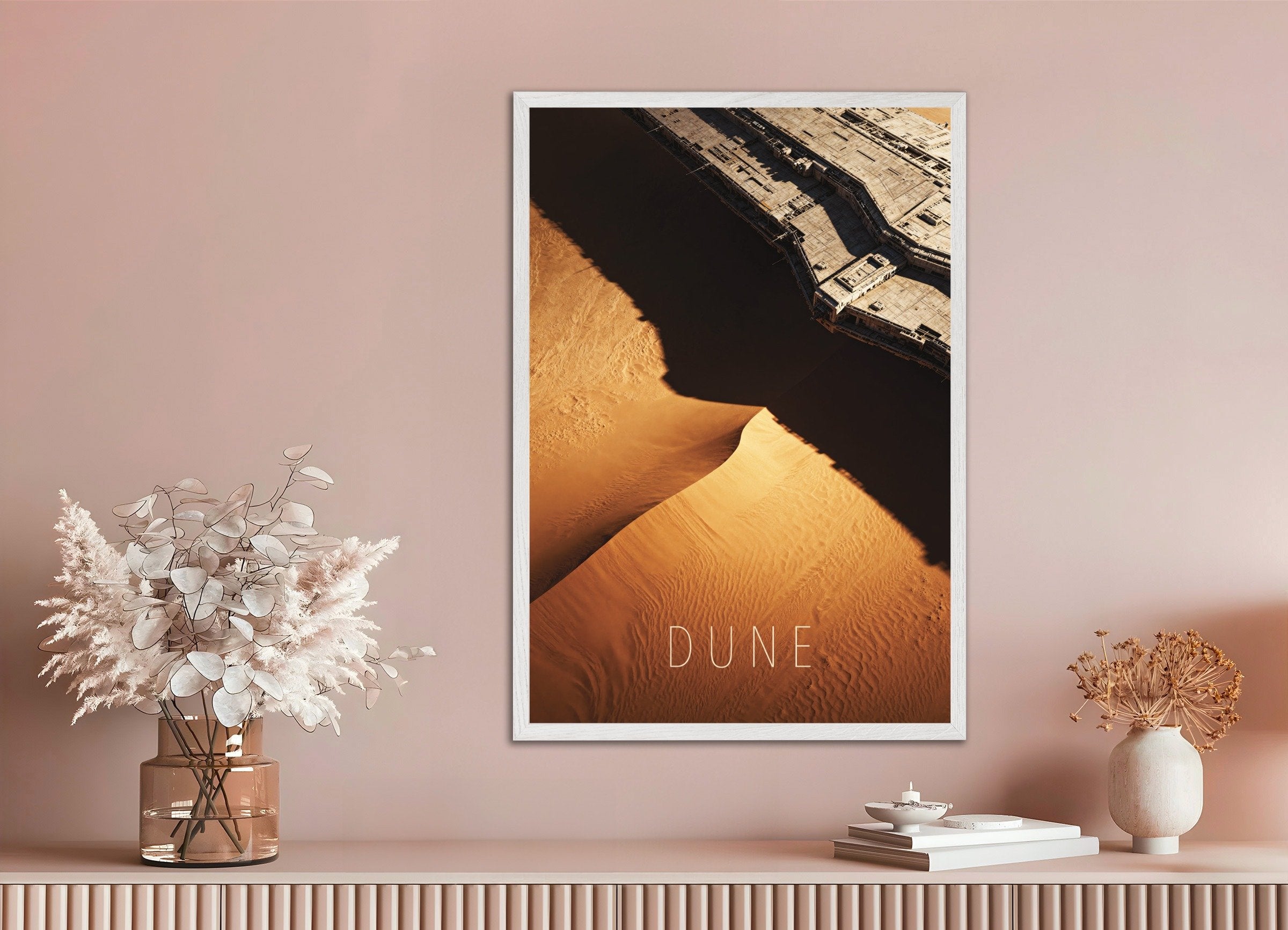 Poster of Desert Ship Poster, Sci-Fi Sand Dune Art Print, with white wooden frame