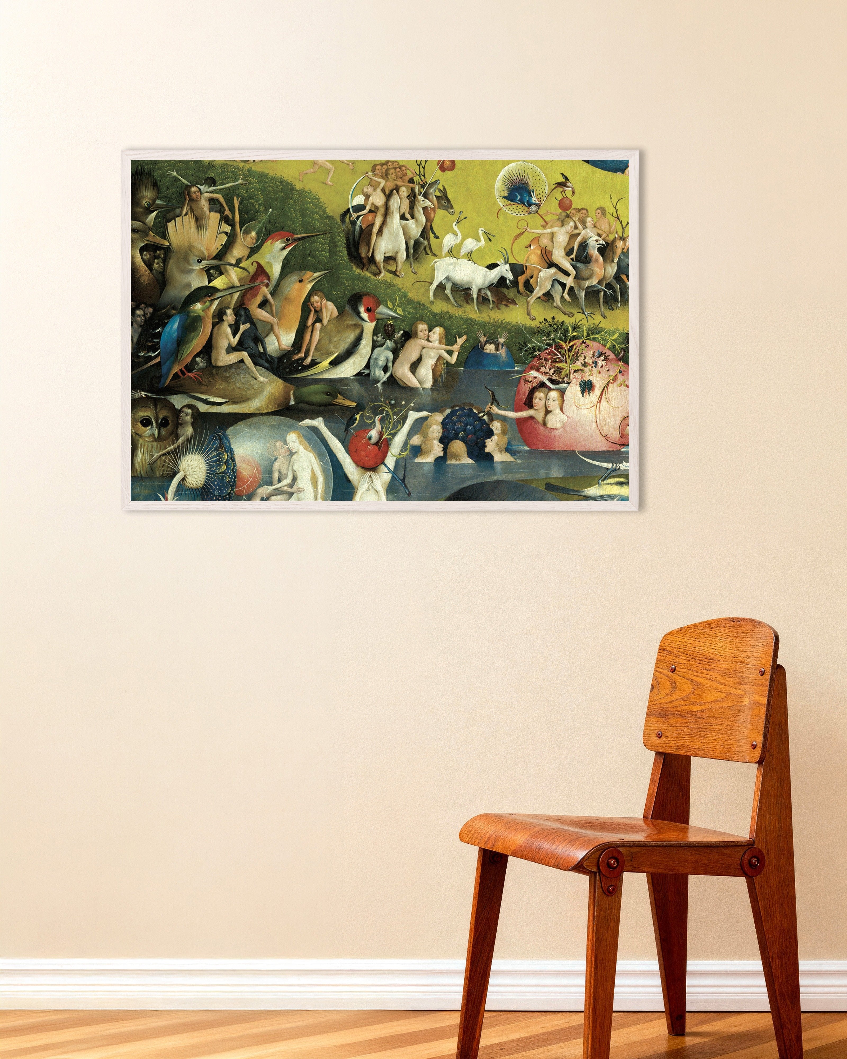 Poster of Detail from The Garden of Earthly Delights: giant birds and forest riders, with white wooden frame