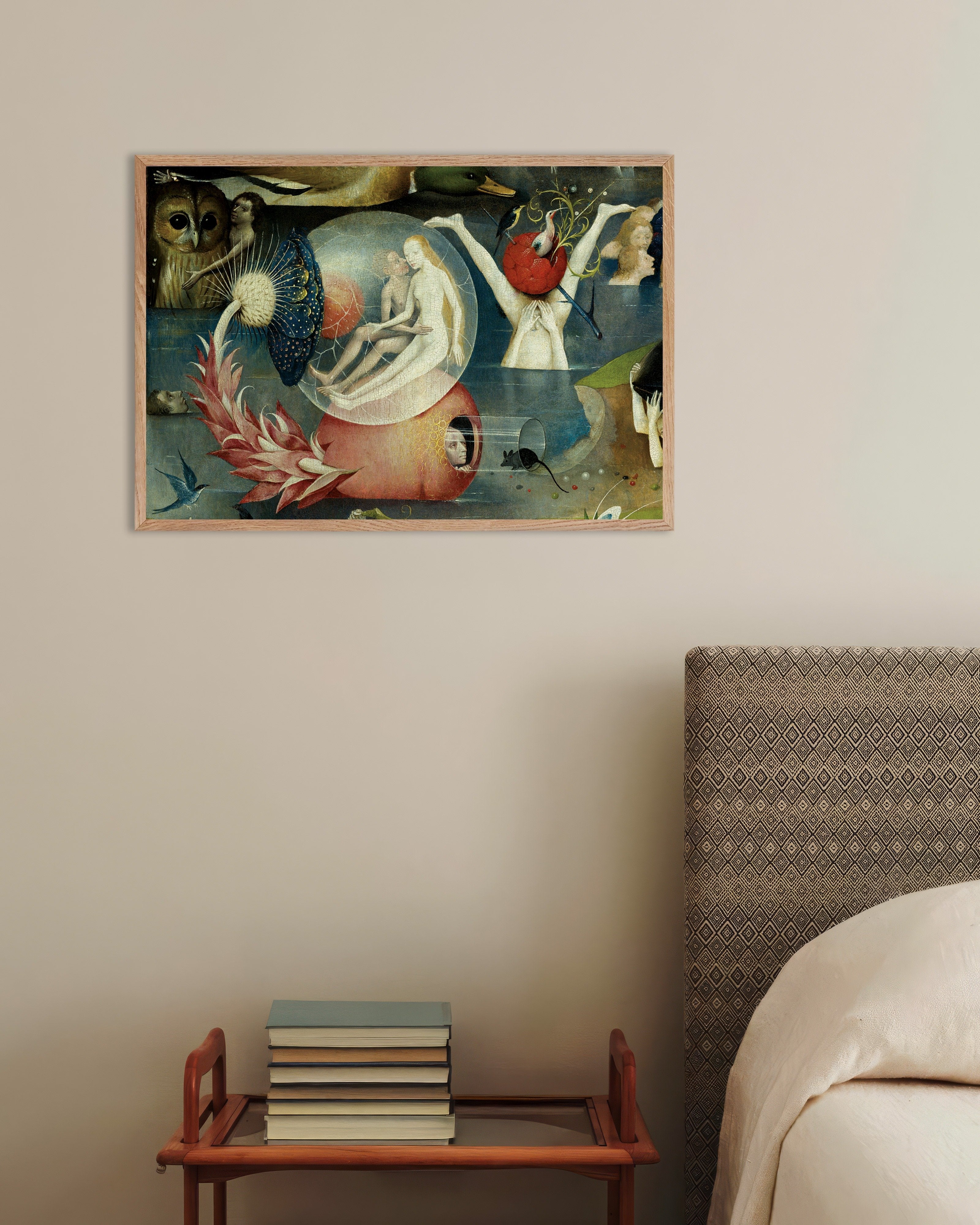 Poster of Detail from The Garden of Earthly Delights: giant birds and the mouse in the tube, with natural wooden frame