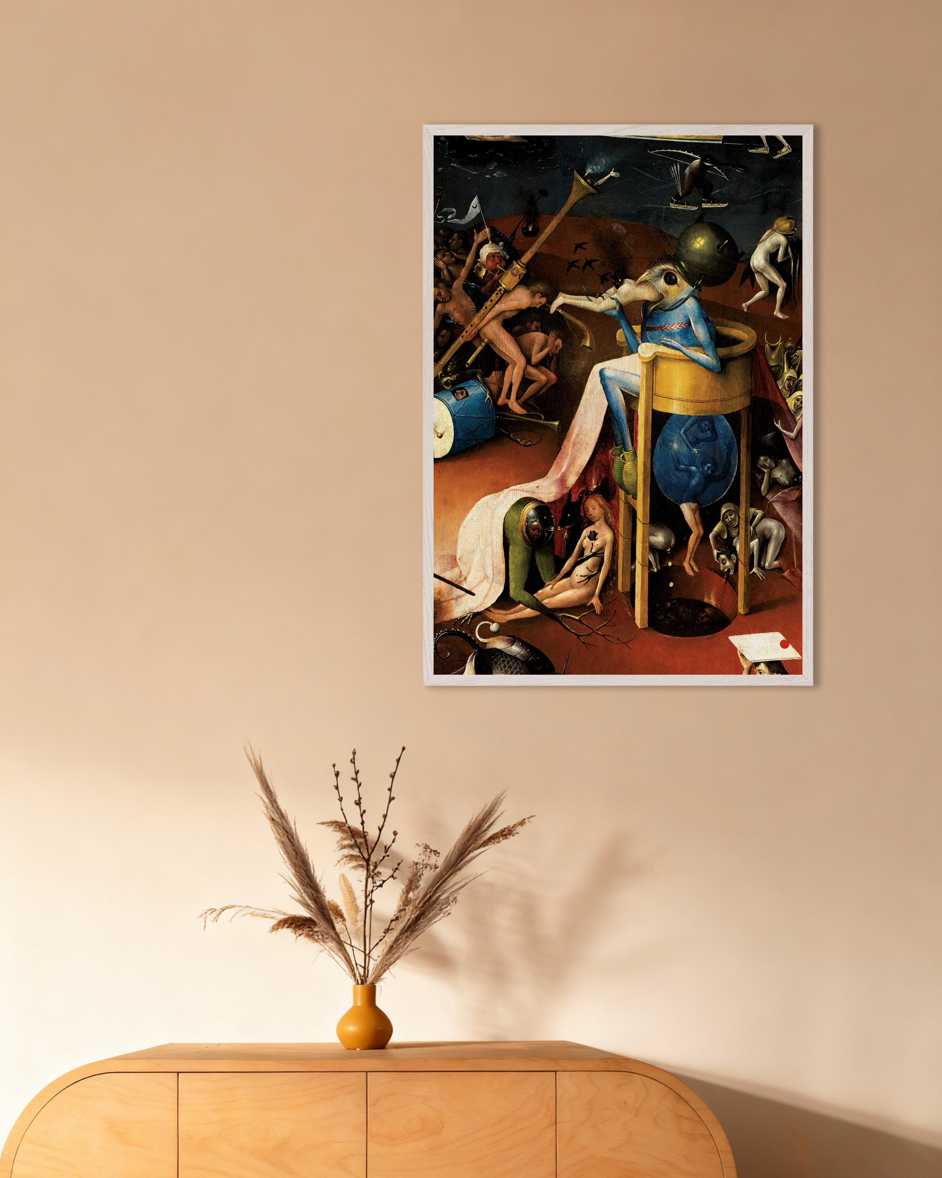 Poster of Detail from The Garden of Earthly Delights: the bird-headed king of hell, with white wooden frame