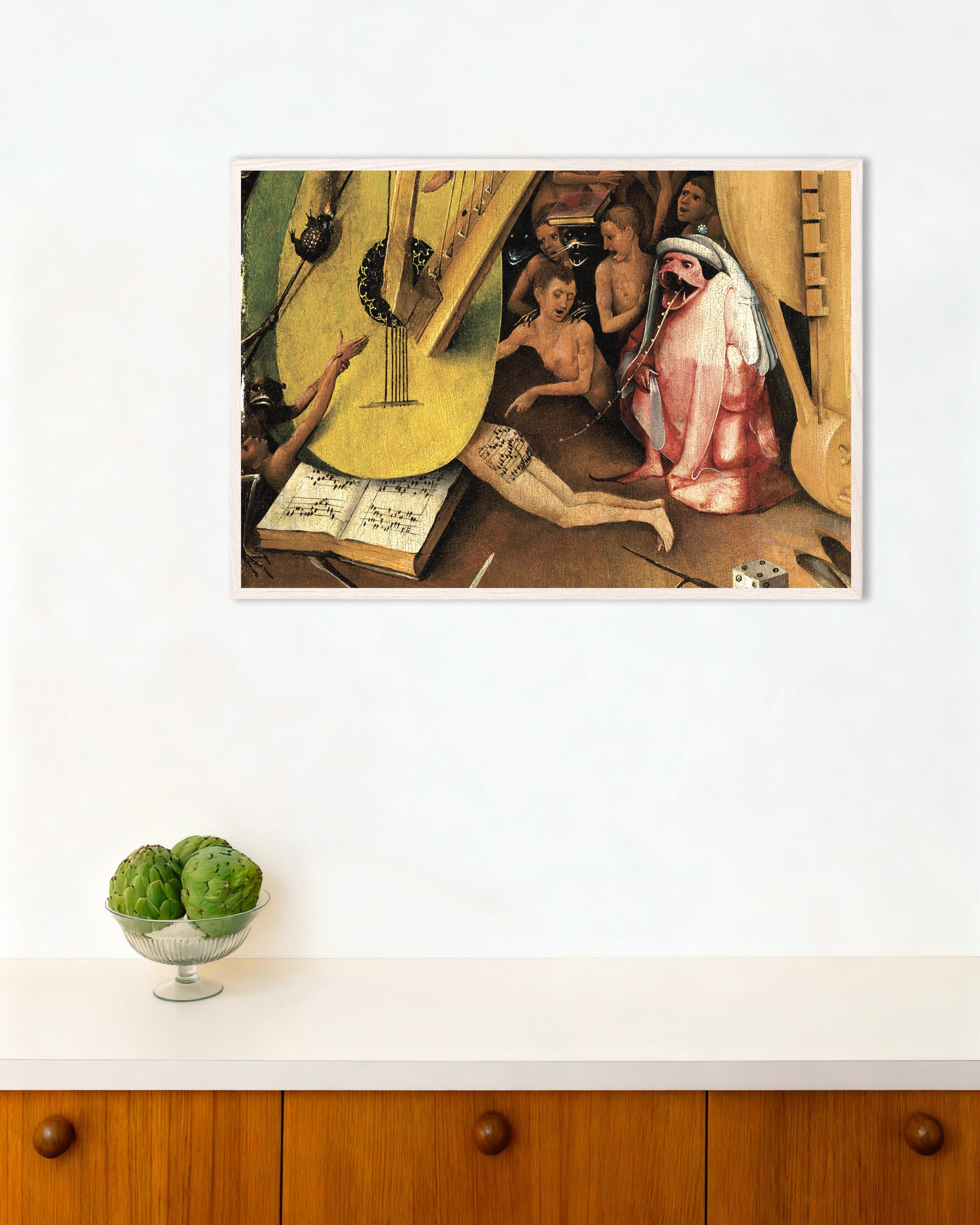 Poster of Detail from The Garden of Earthly Delights: the butt music of hell, with white wooden frame
