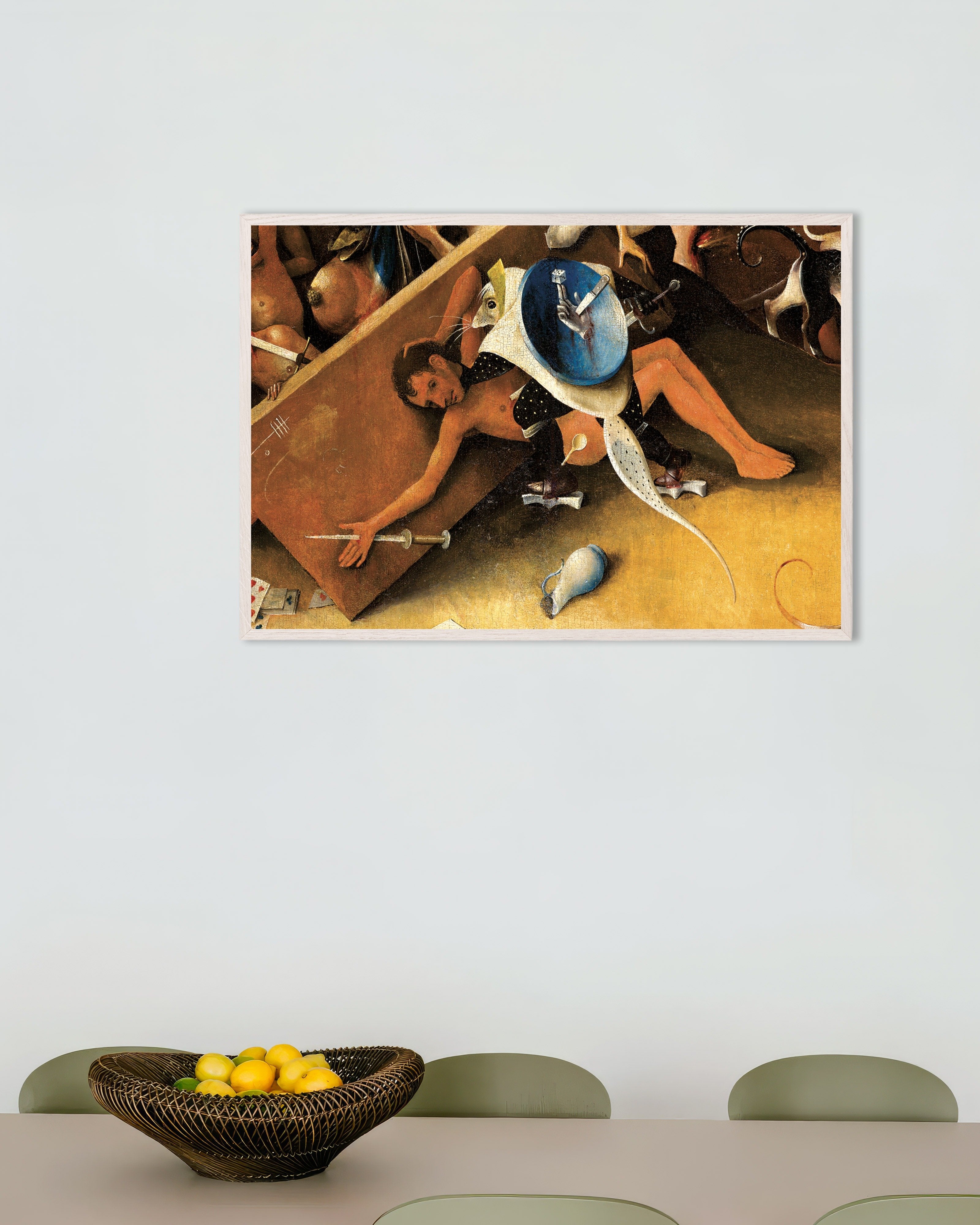 Poster of Detail from The Garden of Earthly Delights: the gambler's punishment, with white wooden frame