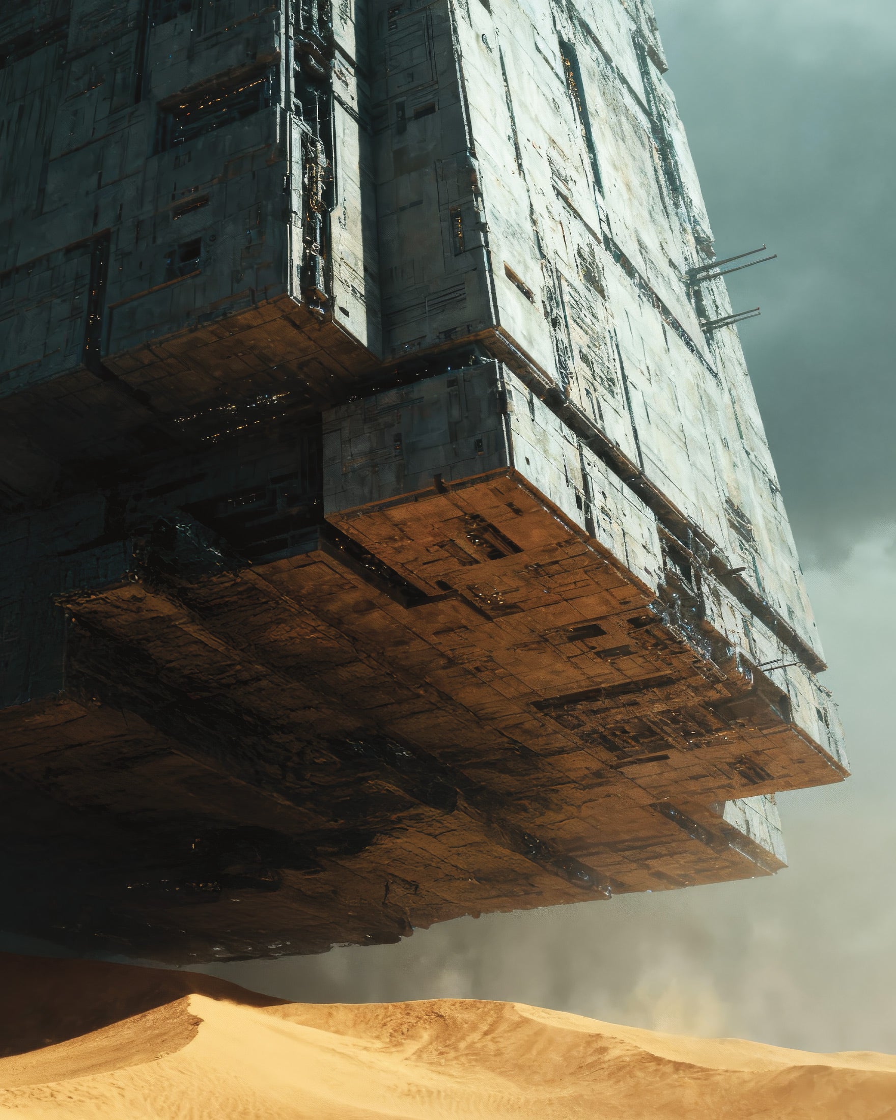 Poster der schwebenden Megastruktur, futuristisches Wüstenmotiv im Sci-Fi-Stil
