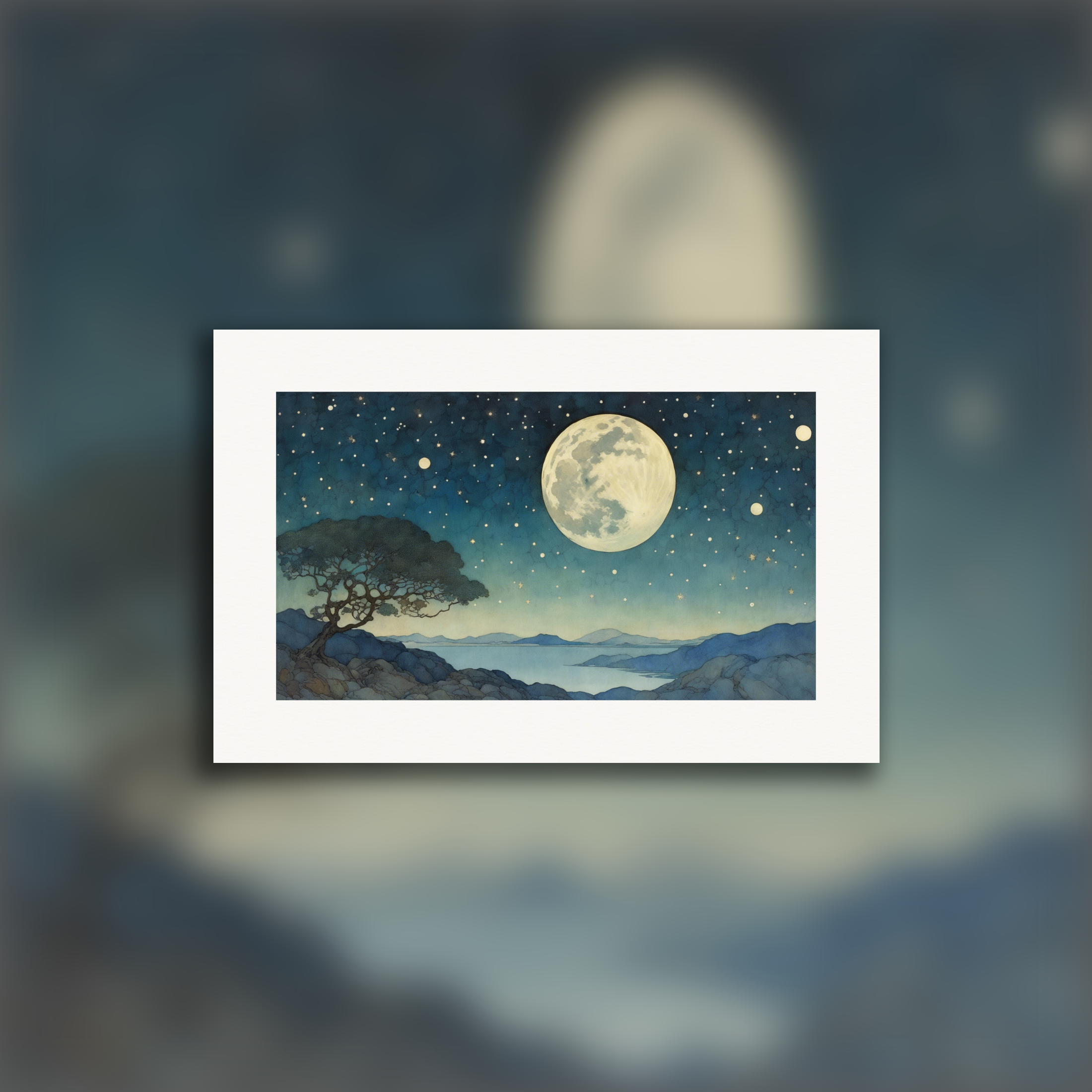 Illustrazione incantevole, Luna e cielo stellato - Poster
