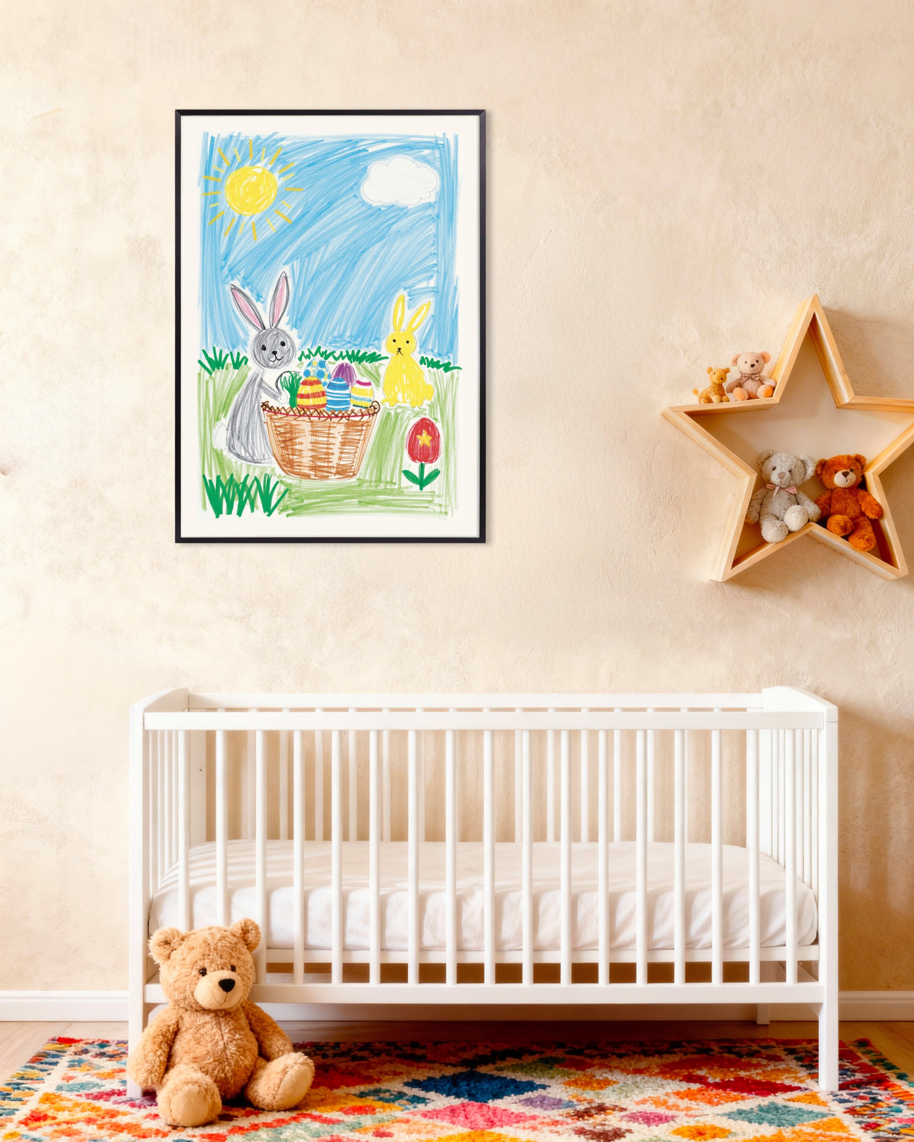 Poster of Easter Bunny Basket – Crayon Style Poster, with metal frame
