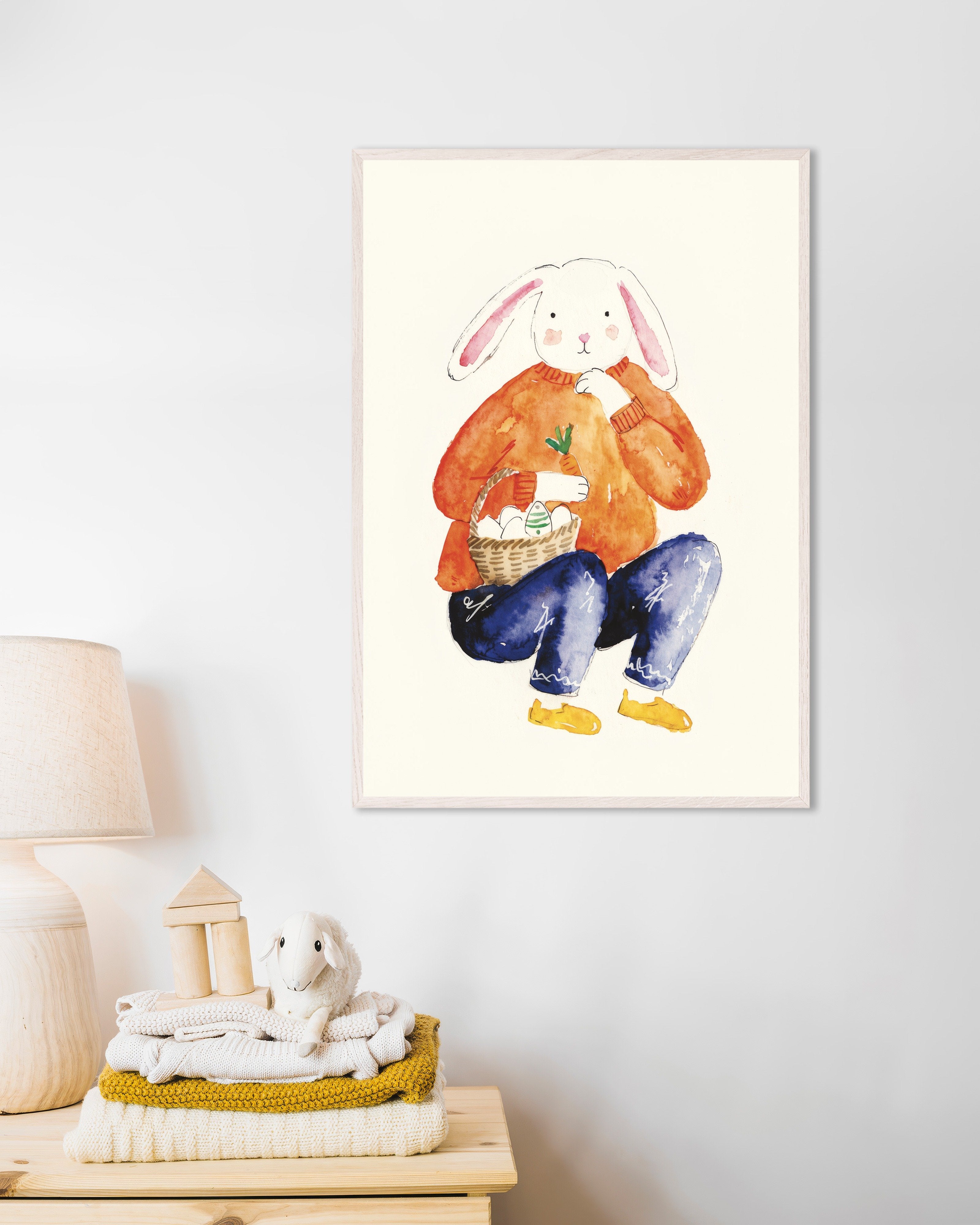 Poster of Easter Bunny in Orange Sweater - Watercolor Poster, with white wooden frame