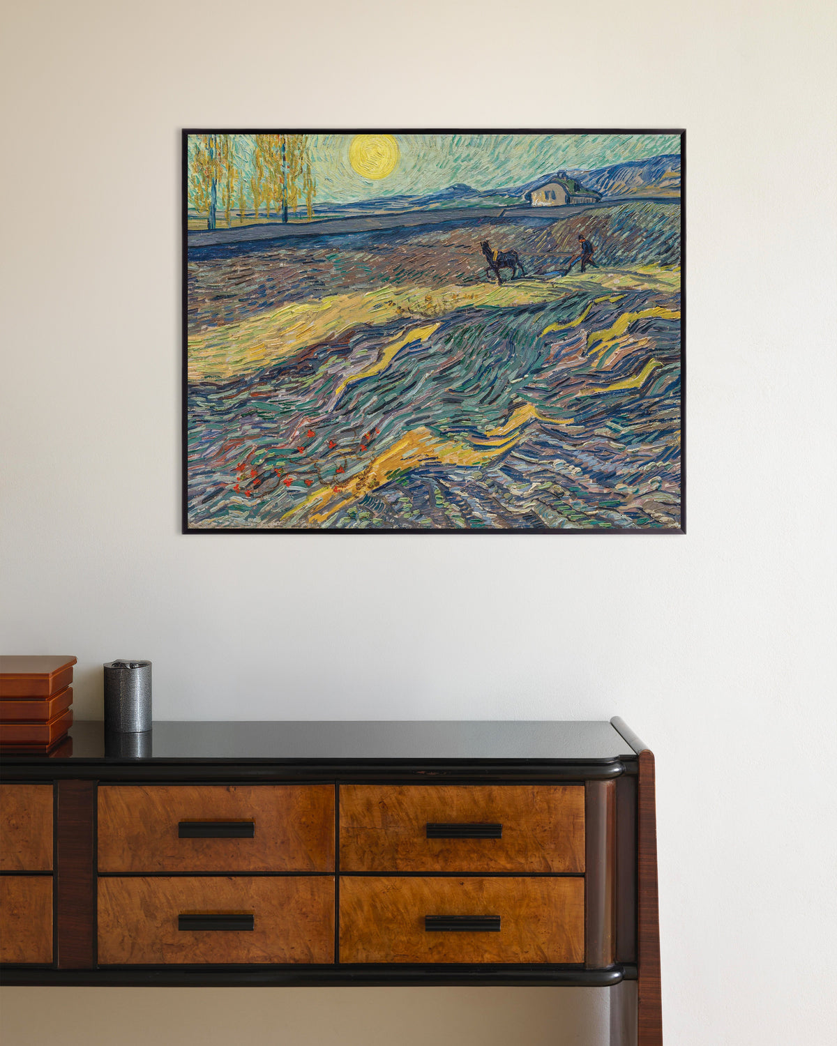 Poster di Campo recintato con contadino che ara (1889) di Vincent van Gogh, con cornice in metallo
