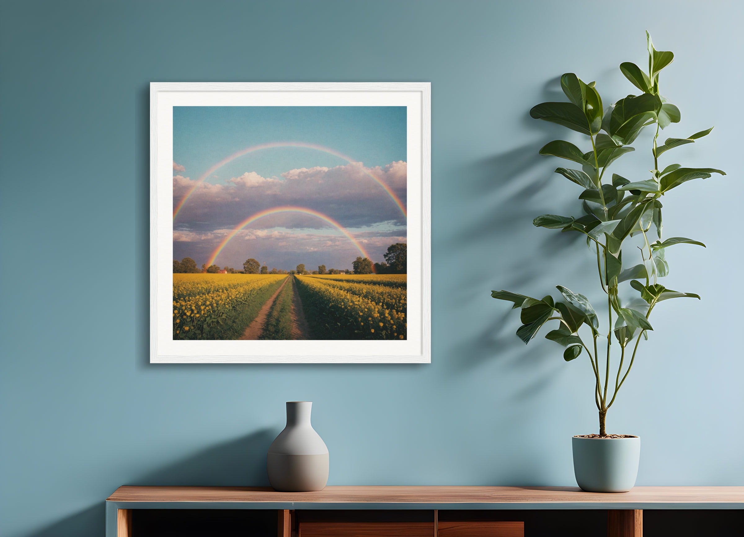 Poster with wood frame: Aesthetic vintage & pastel magical realism, Rainbow