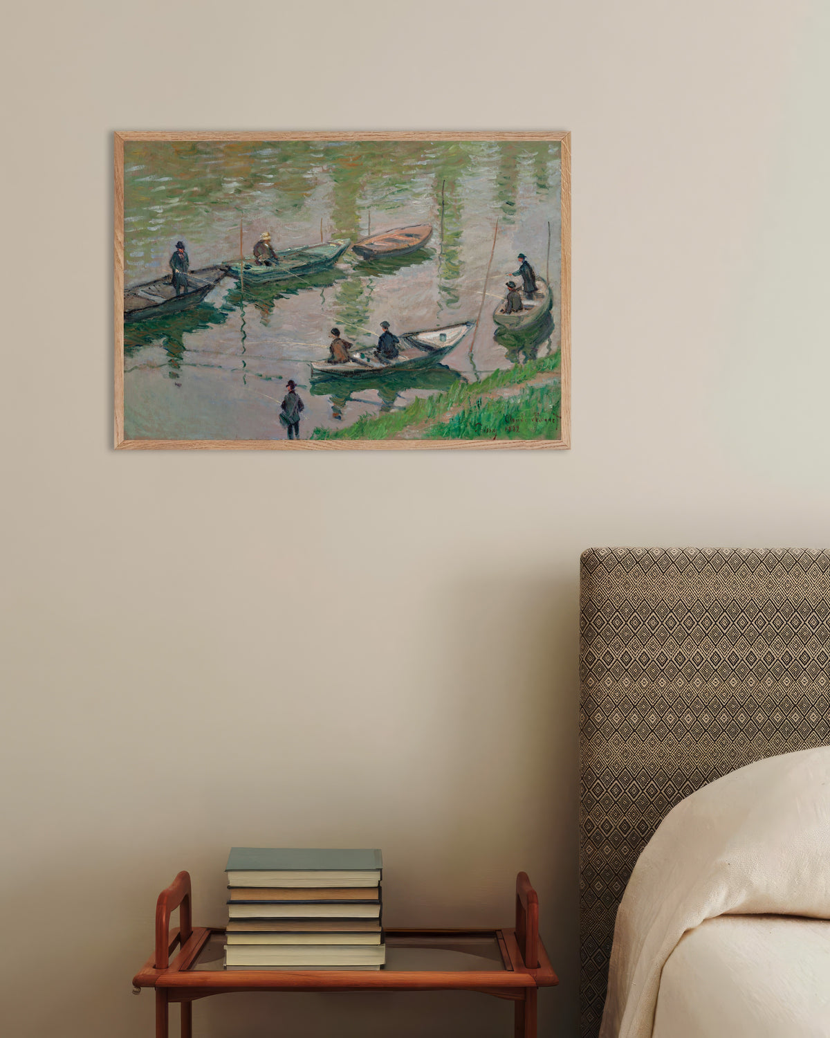 Affiche Pêcheurs sur la Seine à Poissy (1882) de Claude Monet, avec un cadre en bois naturel