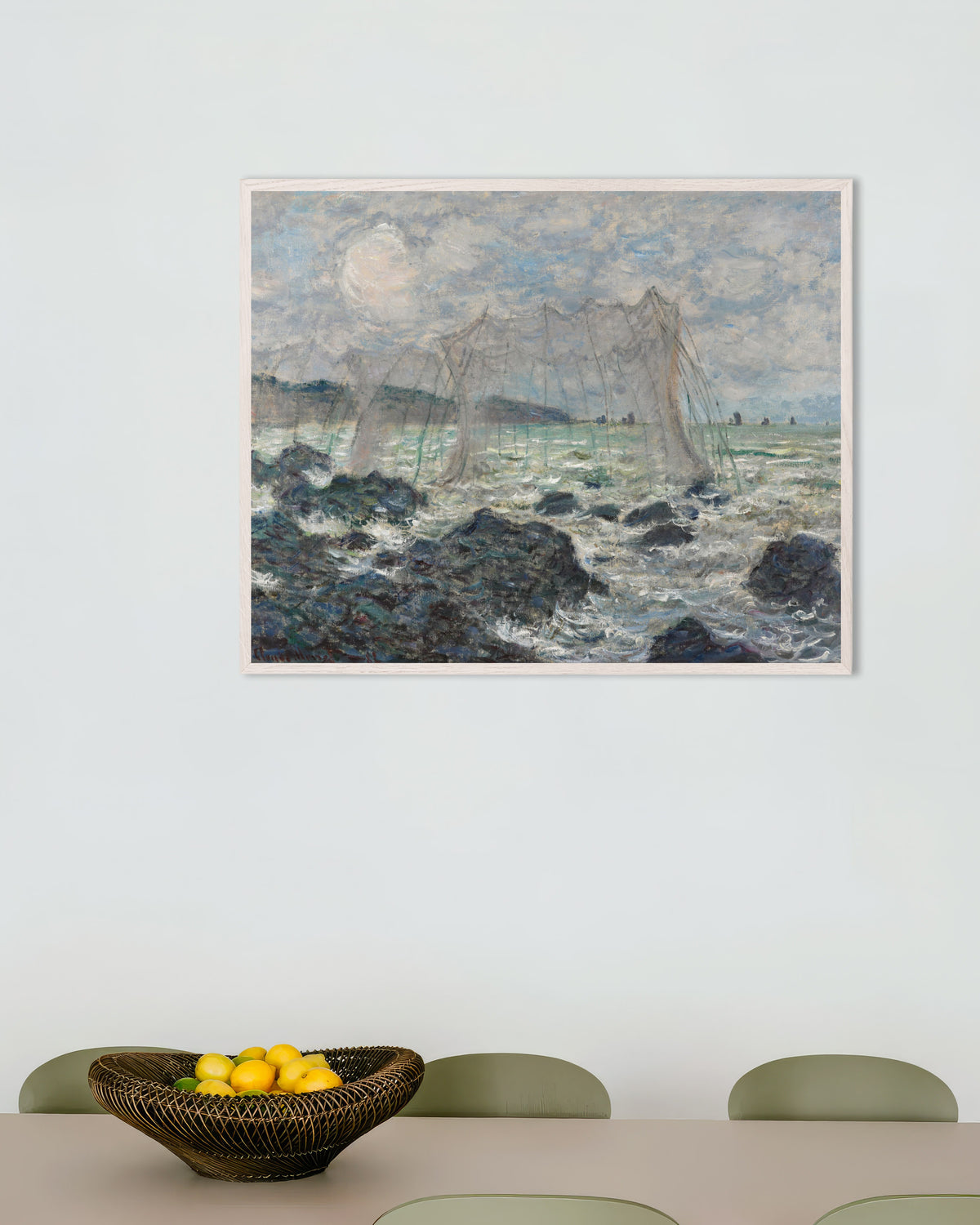 Affiche Filets de pêche à Pourville (1882) de Claude Monet, avec un cadre en bois blanc