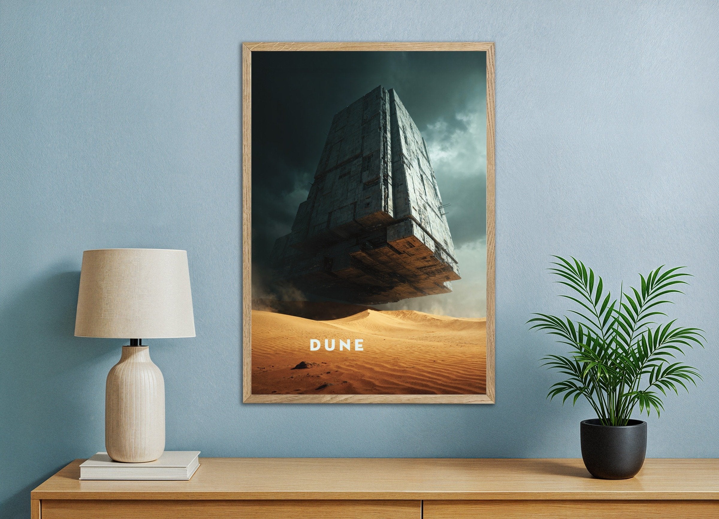 Poster of Floating Megastructure Poster, Dune, Sci-Fi Desert Art Print, with natural wooden frame