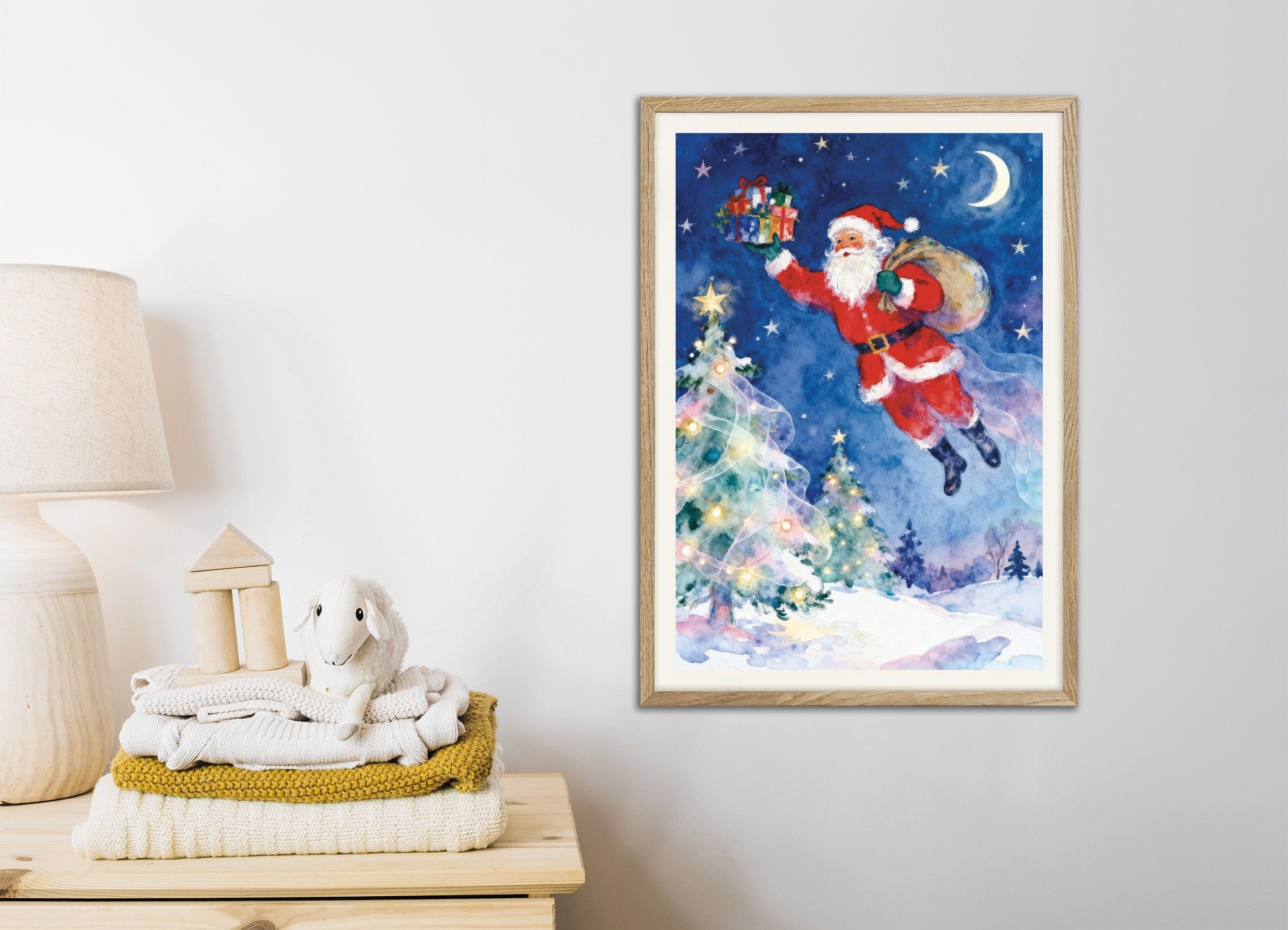 Poster of Flying Santa watercolor poster, with natural wooden frame