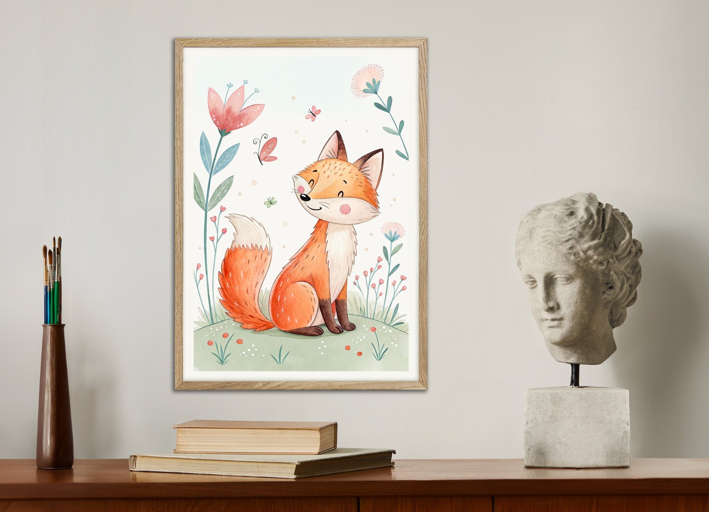 Poster of Fox Poster - Woodland Nursery Wall Art, with natural wooden frame